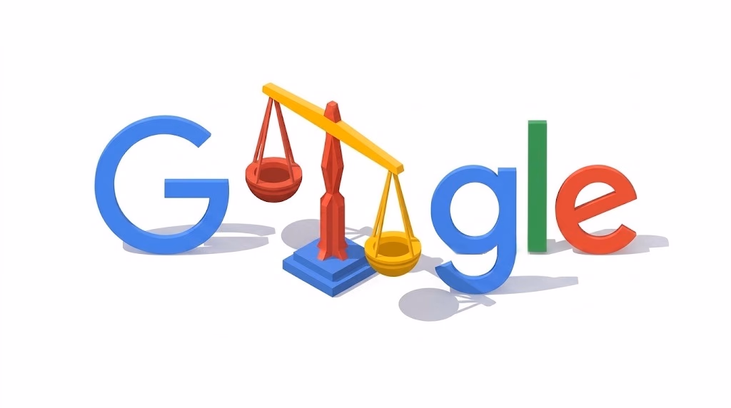Google-logo met een weegschaal in plaats van de letters oo, als beeld voor hoe Google content beoordeelt.