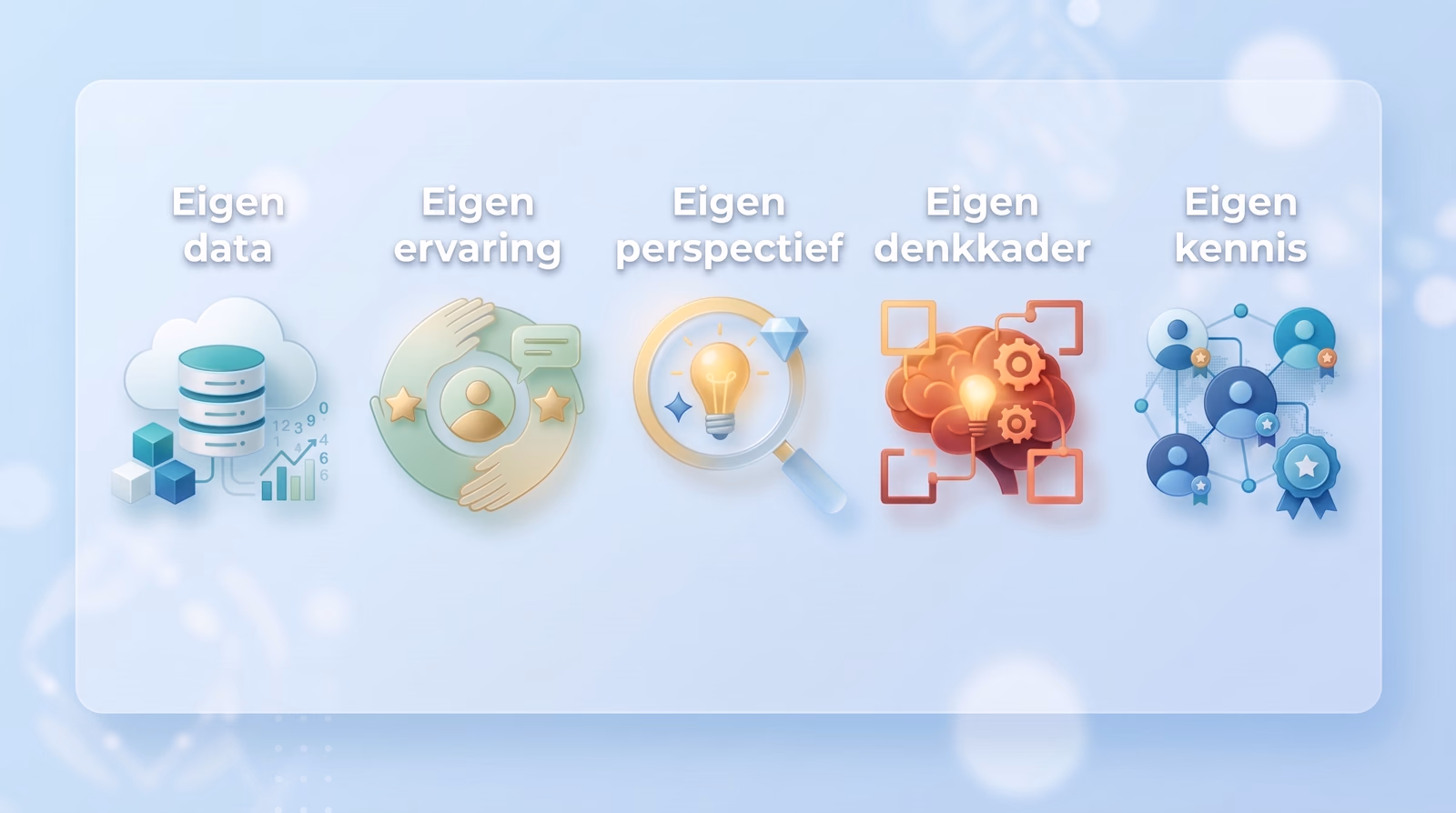 Vijf iconen met de woorden Eigen data, Eigen ervaring, Eigen perspectief, Eigen denkkader en Eigen kennis.