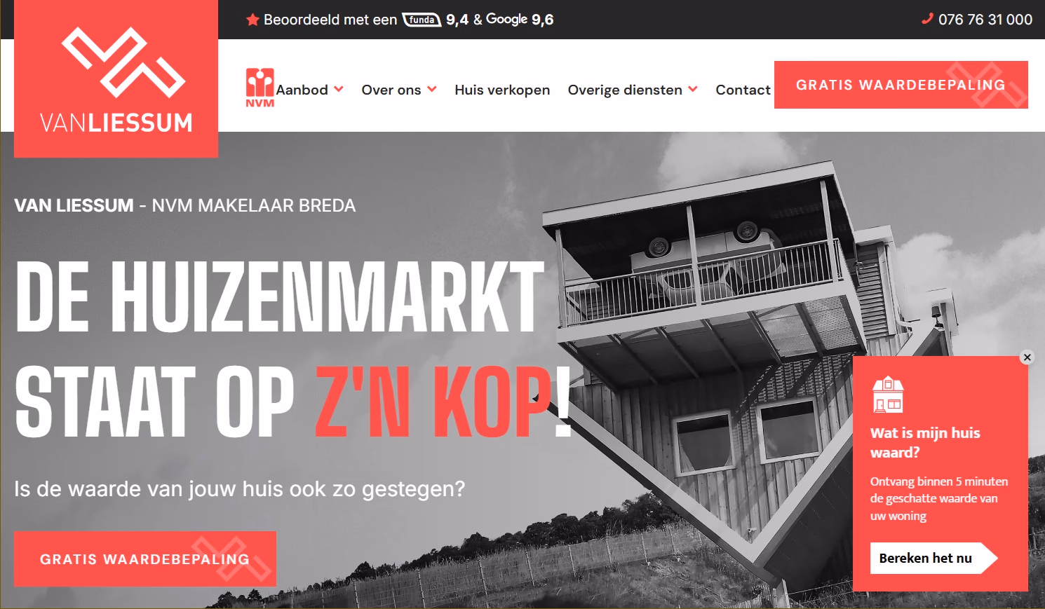 Website van een makelaar in Breda met de kop De huizenmarkt staat op z'n kop en een knop voor een gratis waardebepaling.