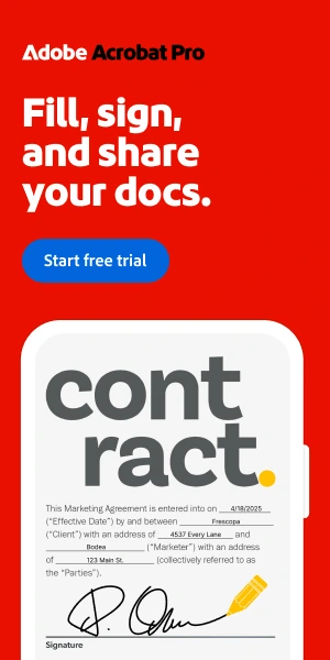 Adobe Acrobat Pro banner: Fill, sign, and share your docs