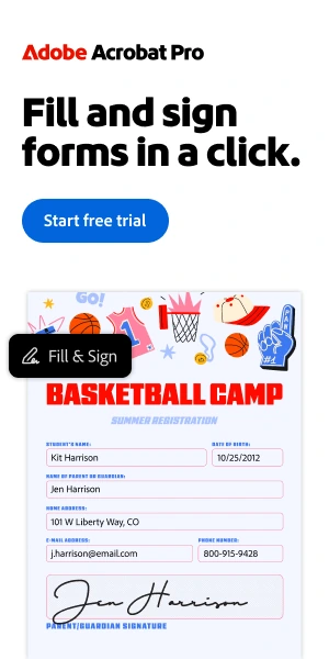 Adobe Acrobat Pro banner: Fill and sign forms in a click