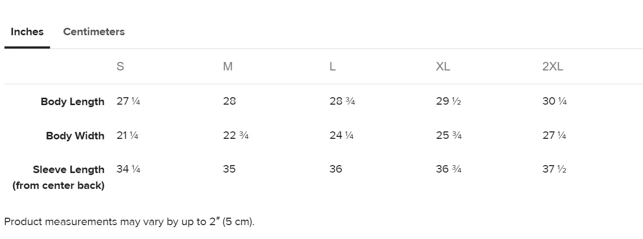 A chart for the Dreamers Windbreaker size measurements.
