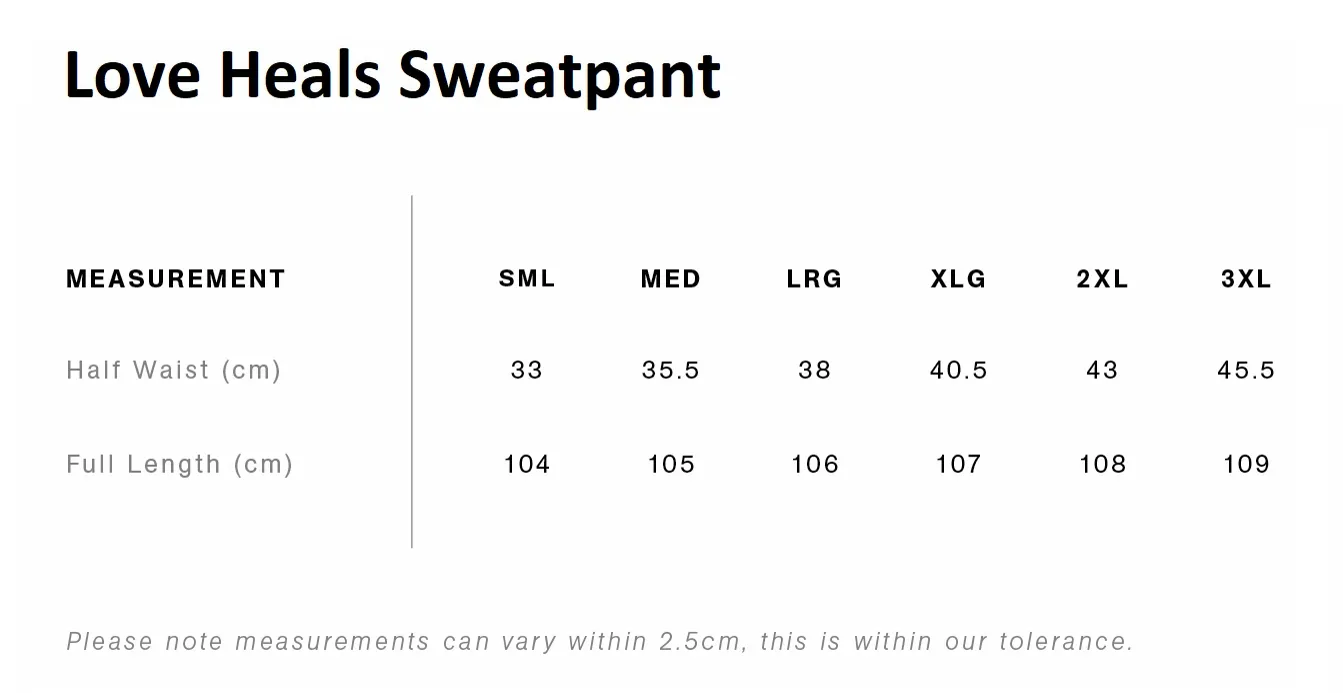 A chart for the Love Heals Sweatpant size measurements.