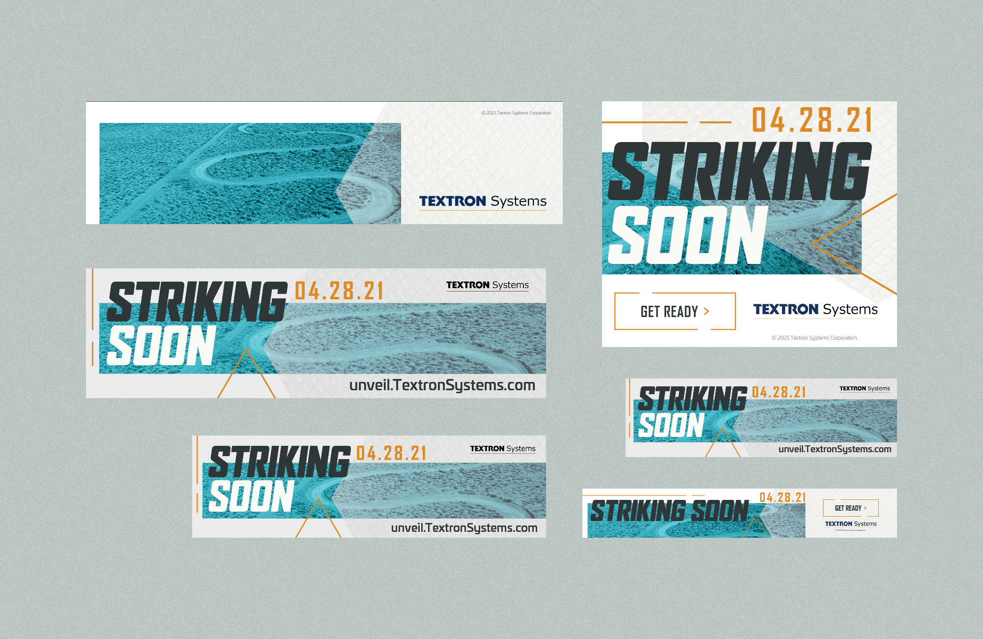 Print and digital ads promoting a reconnaissance vehicle. All show a winding path with the headline "Striking Soon."