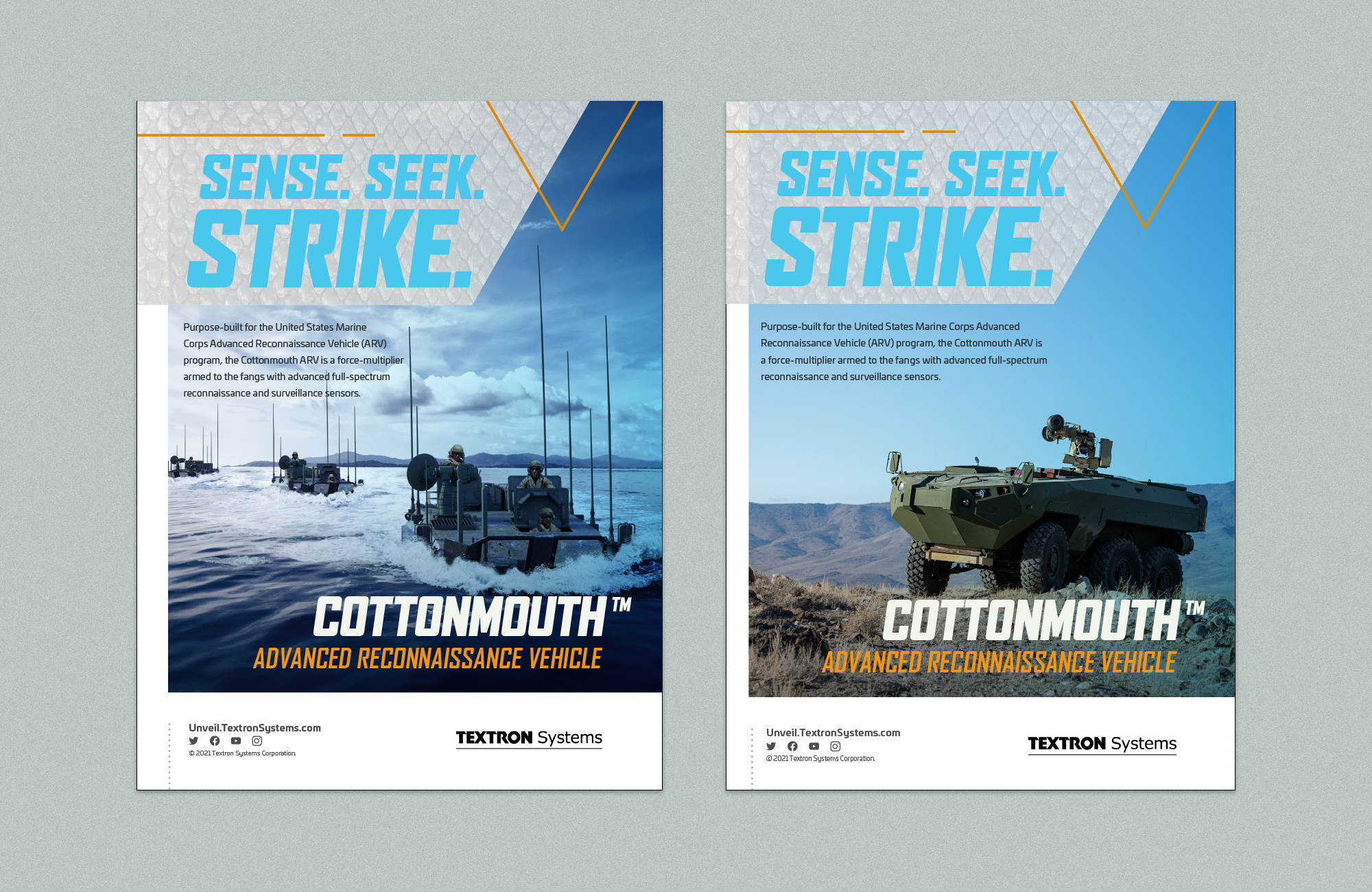 Print ads promoting a reconnaissance vehicle. Both show the vehicle with the headline "Sense. Seek. Strike."