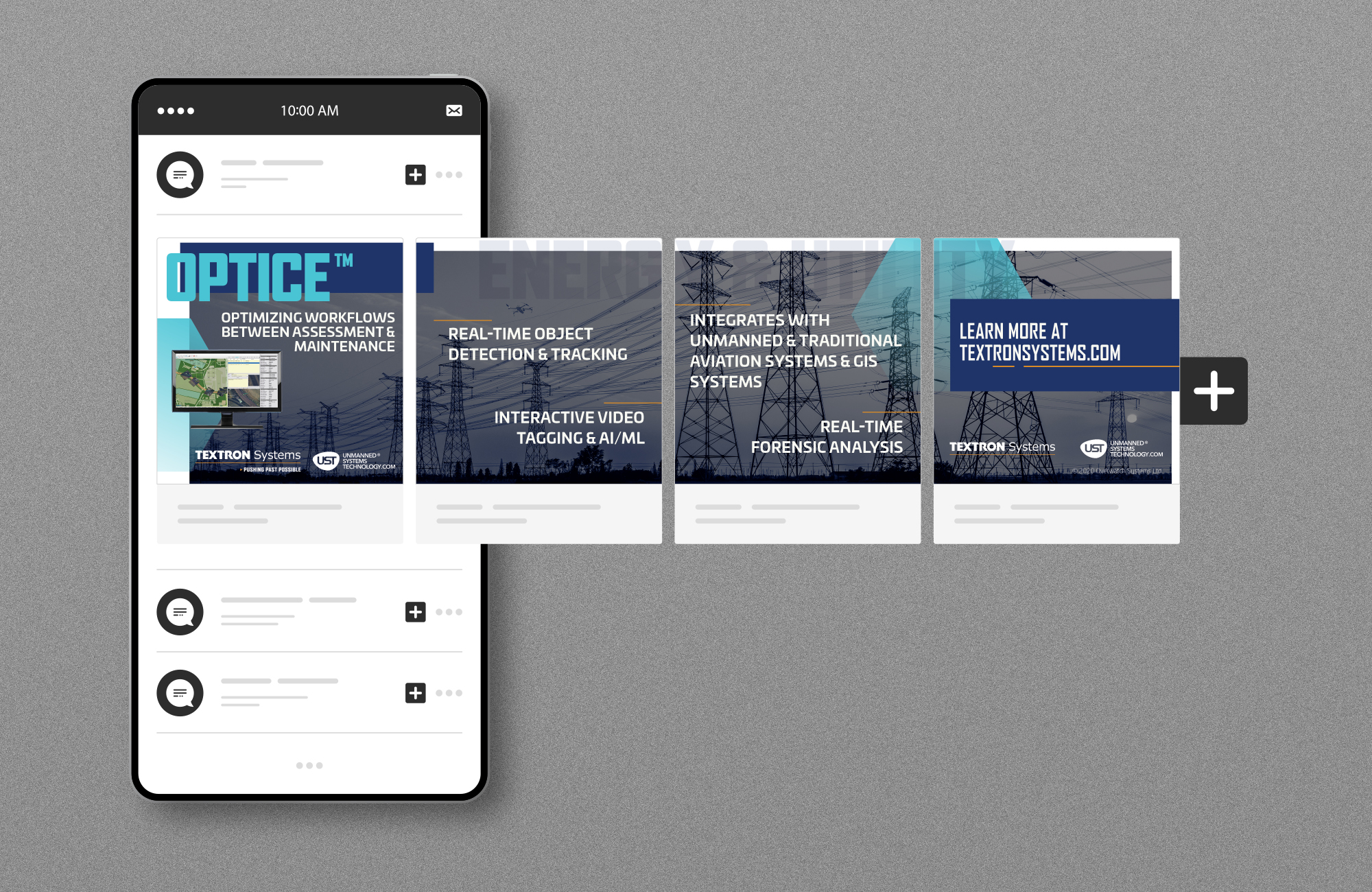 Layout depicted slides from a carousel ad arranged with a mock smartphone.