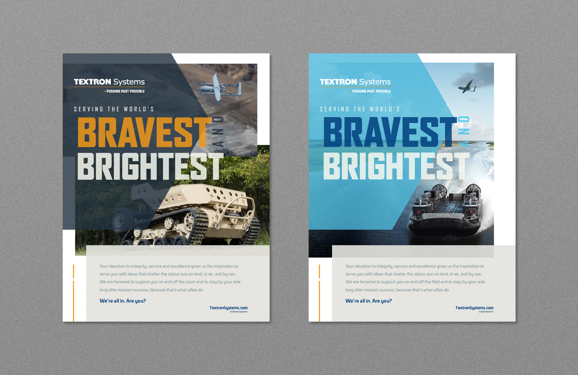 Two ads side by side each with messaging aimed at the military. One is most navy and the other mostly cyan.