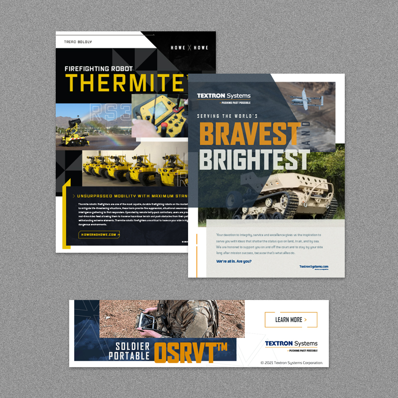 Examples of print and digital ads on a dark gray background