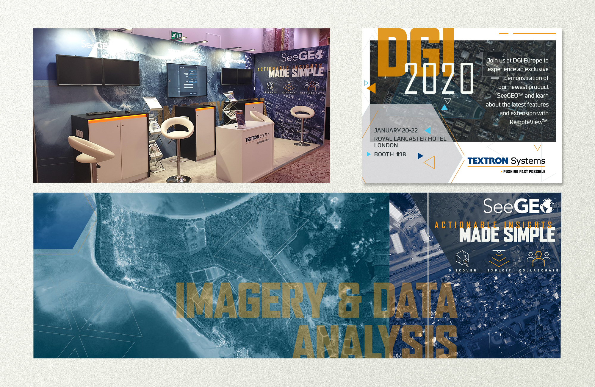 Layout of creative material from a trade show called DGI. There's a photo of the booth, an invitation, and a layout of the booth graphic previously depicted in the photo.