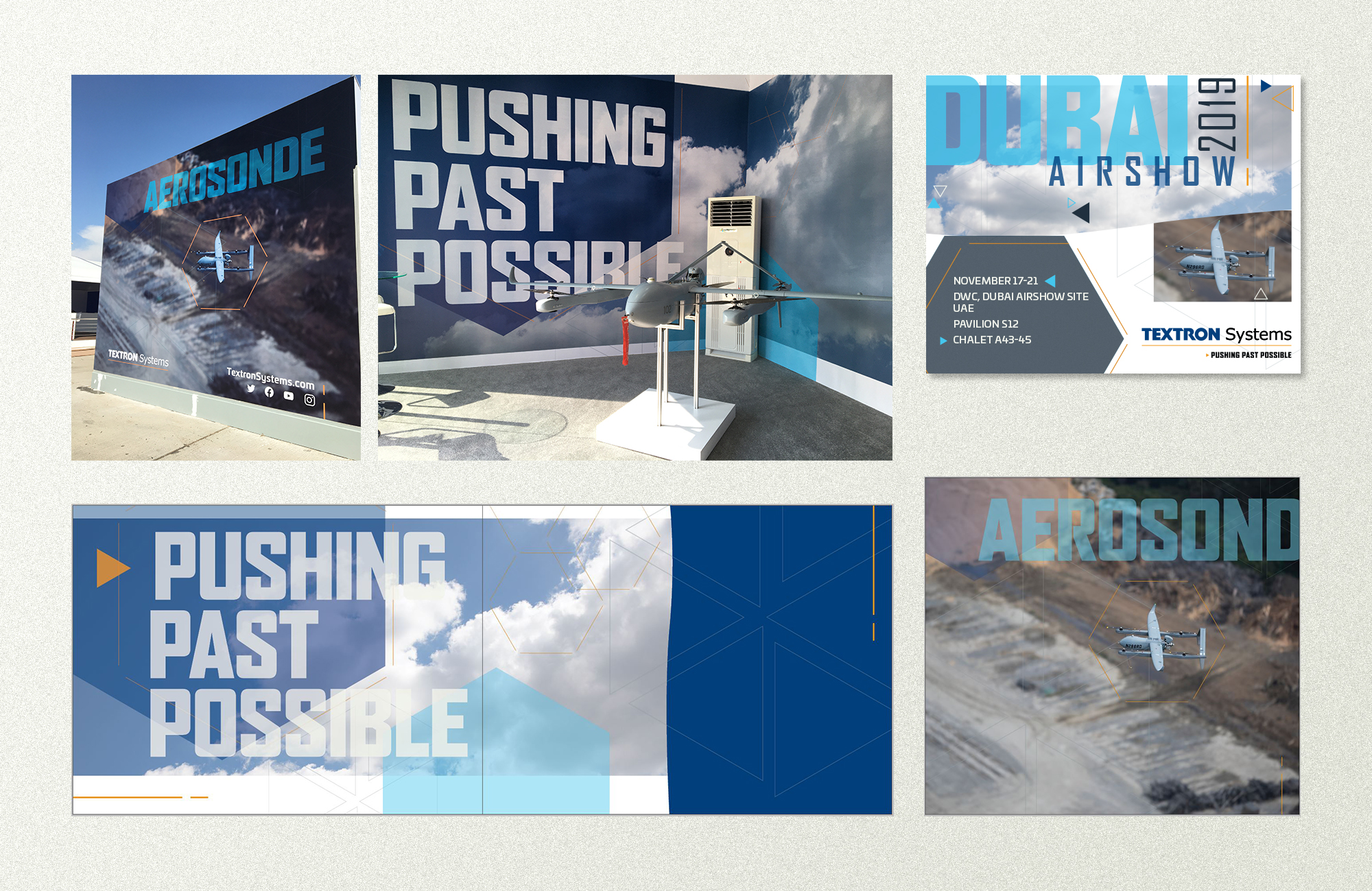 Layout of creative material from a trade show called Dubai Air Show. There are two photos of the booth, an invitation, and a layout of the booth graphics previously depicted in the photos.