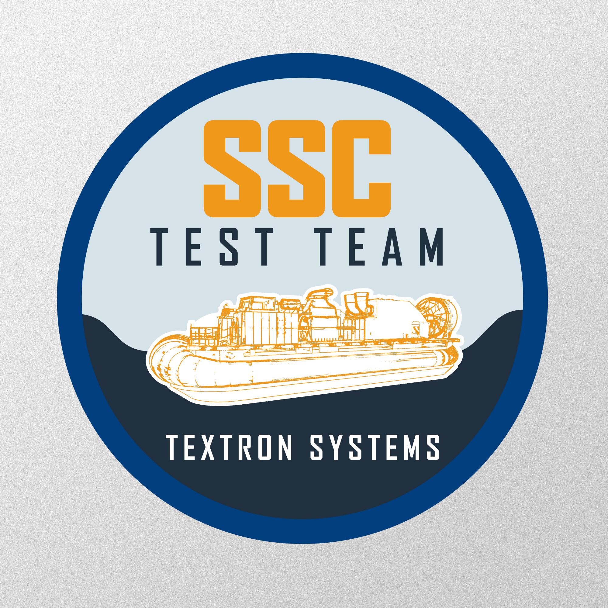 Logo for a patch with orange and navy text that says "SSC Test Team" on top, an orange hovercraft boat in the middle, and "Textron Systems" written in white on the bottom.