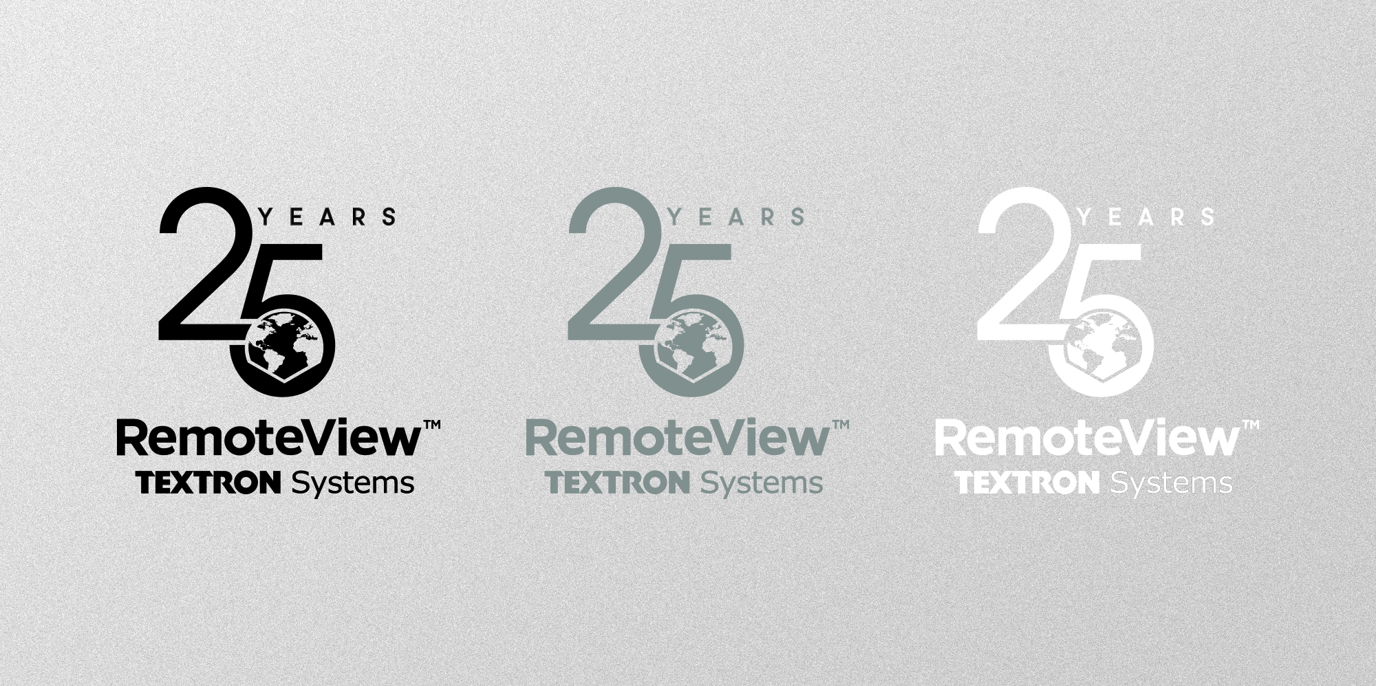 Logos that say "25 Years RemoteView Textron Systems." The round part of the 5 has a globe in it. The logo is depicted in black, gray, and white. 