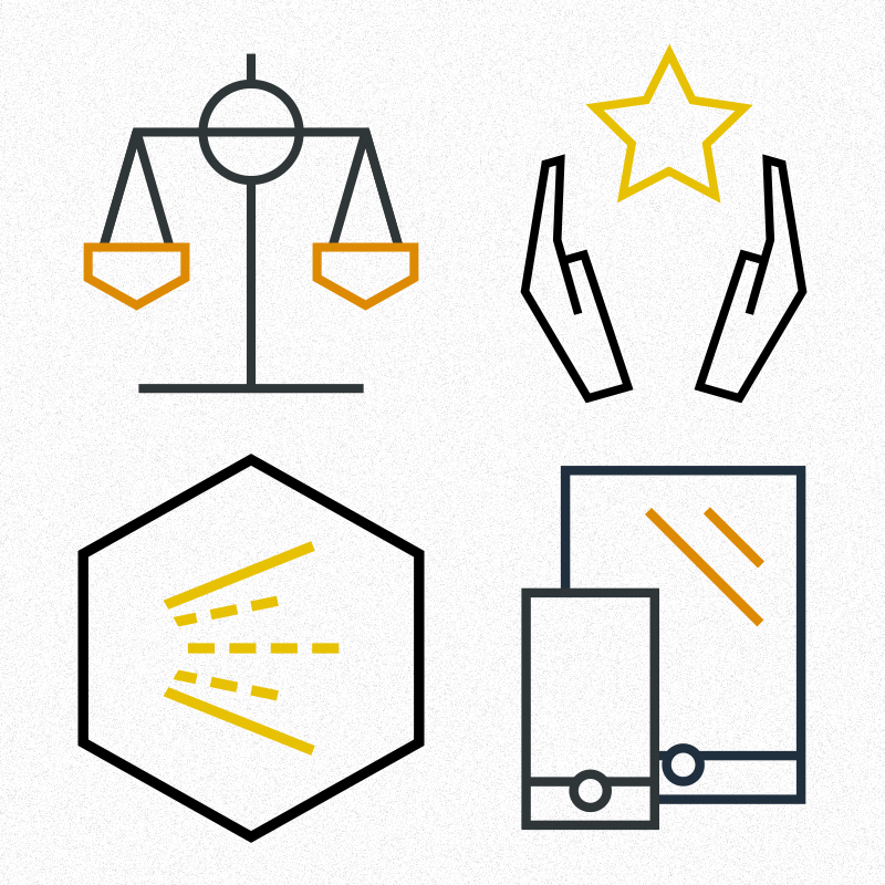 A mix of yellow and black icons with orange and dark gray icons depicting balance, success, flow, and mobile devices.