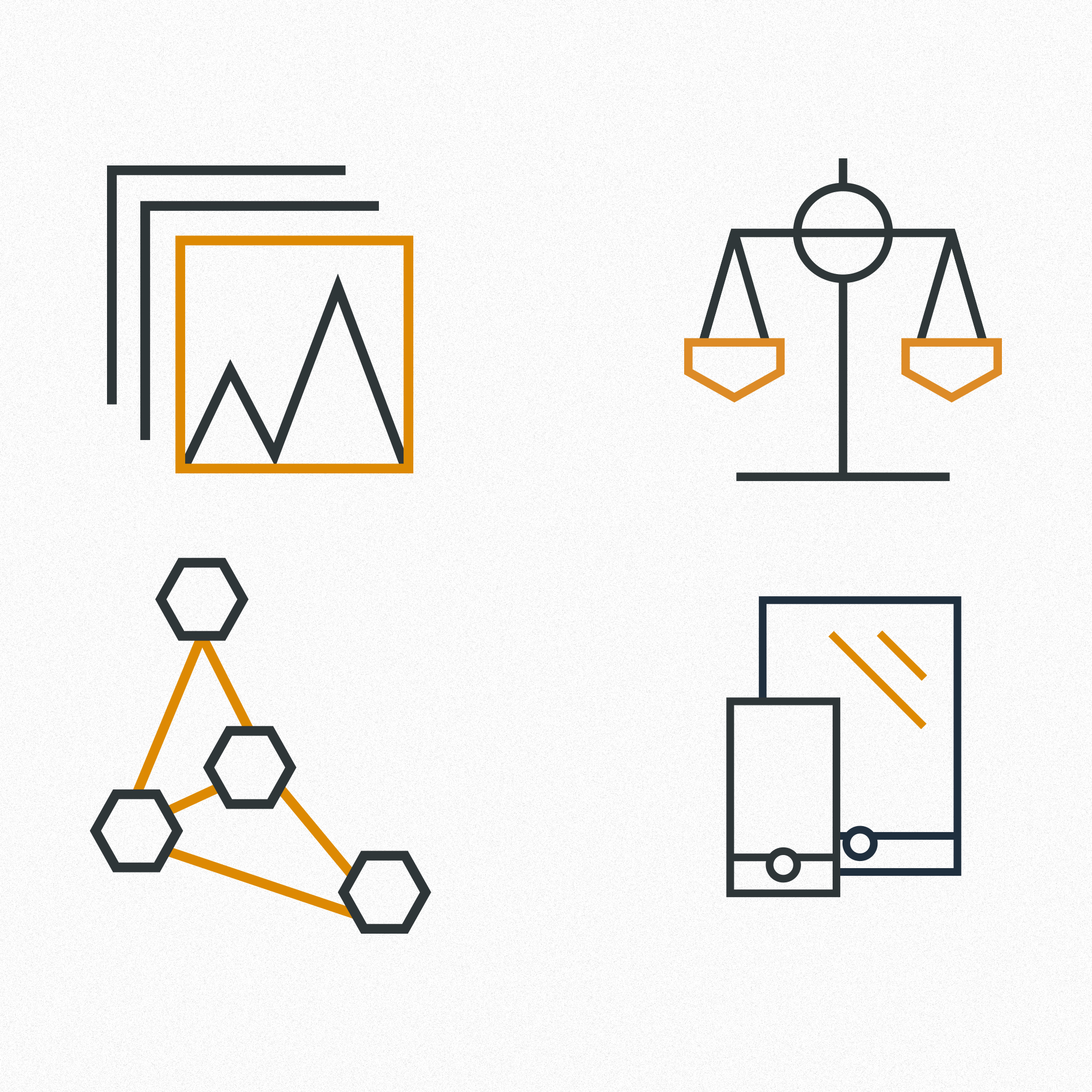 Orange and gray polygonal icons representing balance, images, network connectivity, and mobile devices.