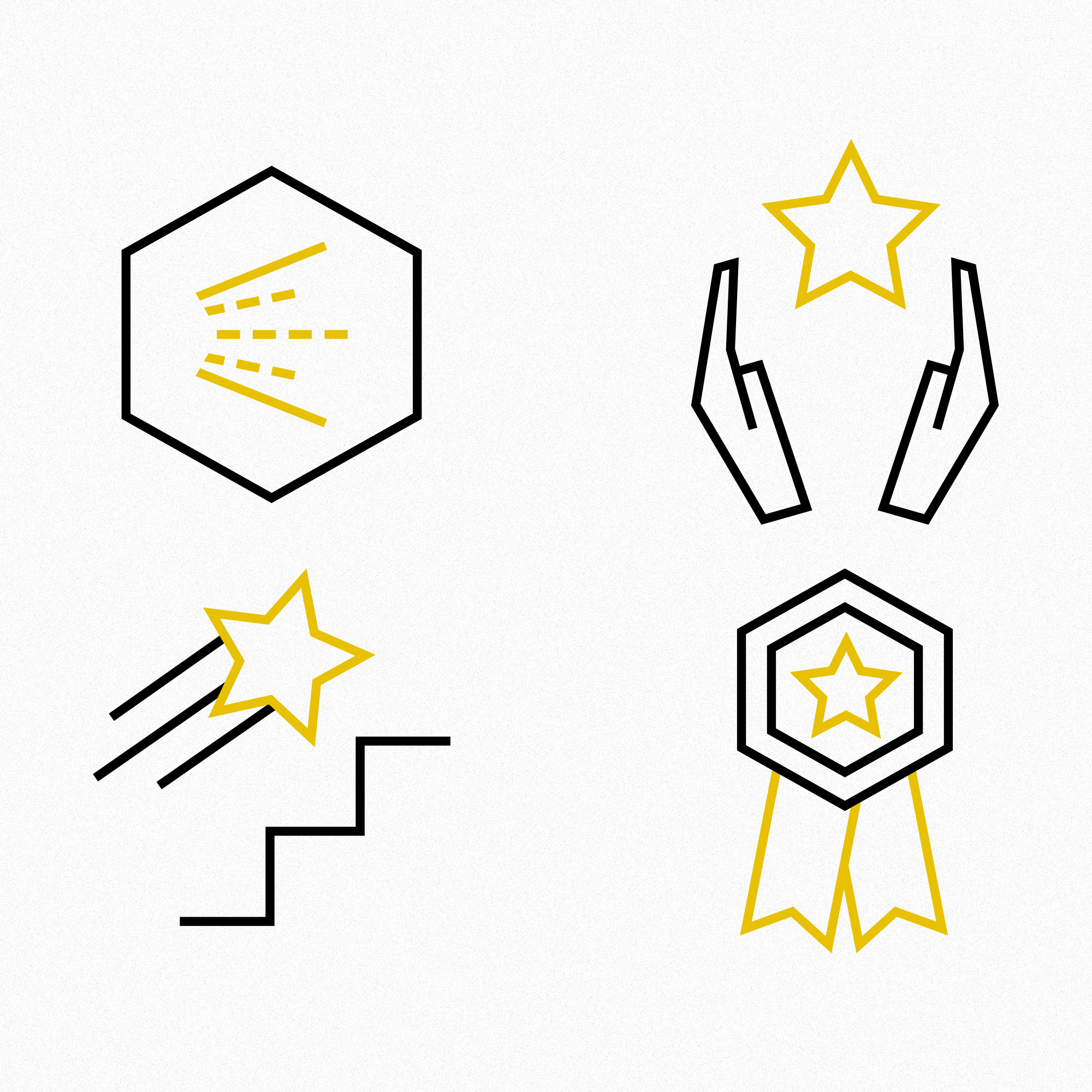 Yellow and black polygonal icons representing flow, achievements, career goals, and success"