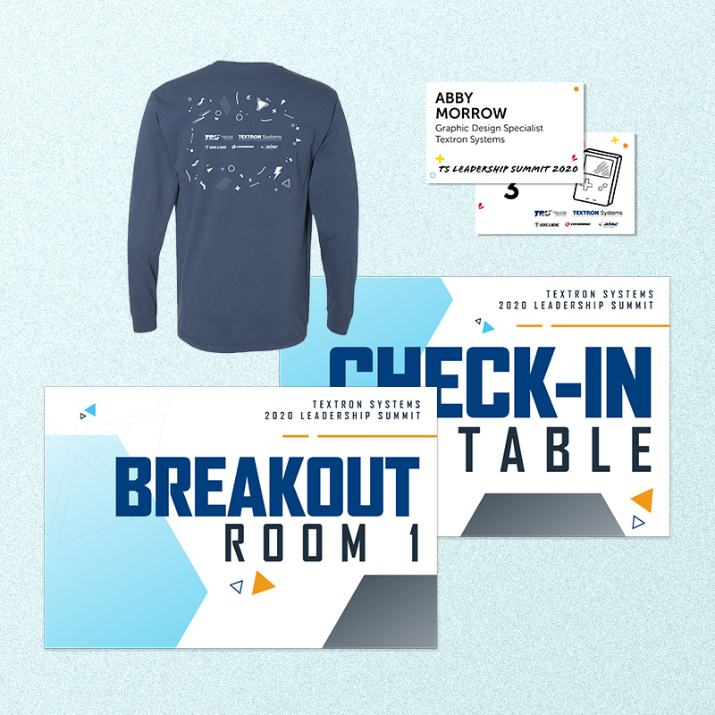 Creative pieces from a company event arranged on a light blue background. They include a shirt, name badges, and signs.