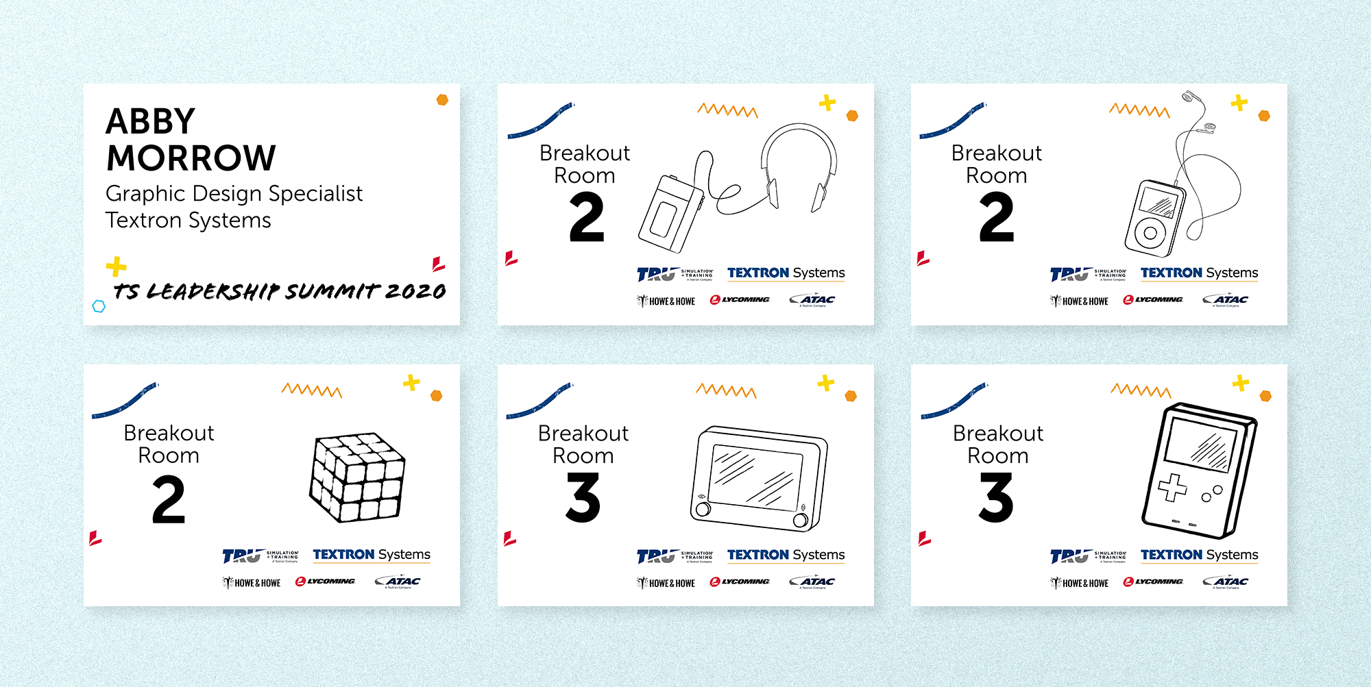 Name badges from a company event arranged on a light blue background. Each has a small doodle-style illustration on them.