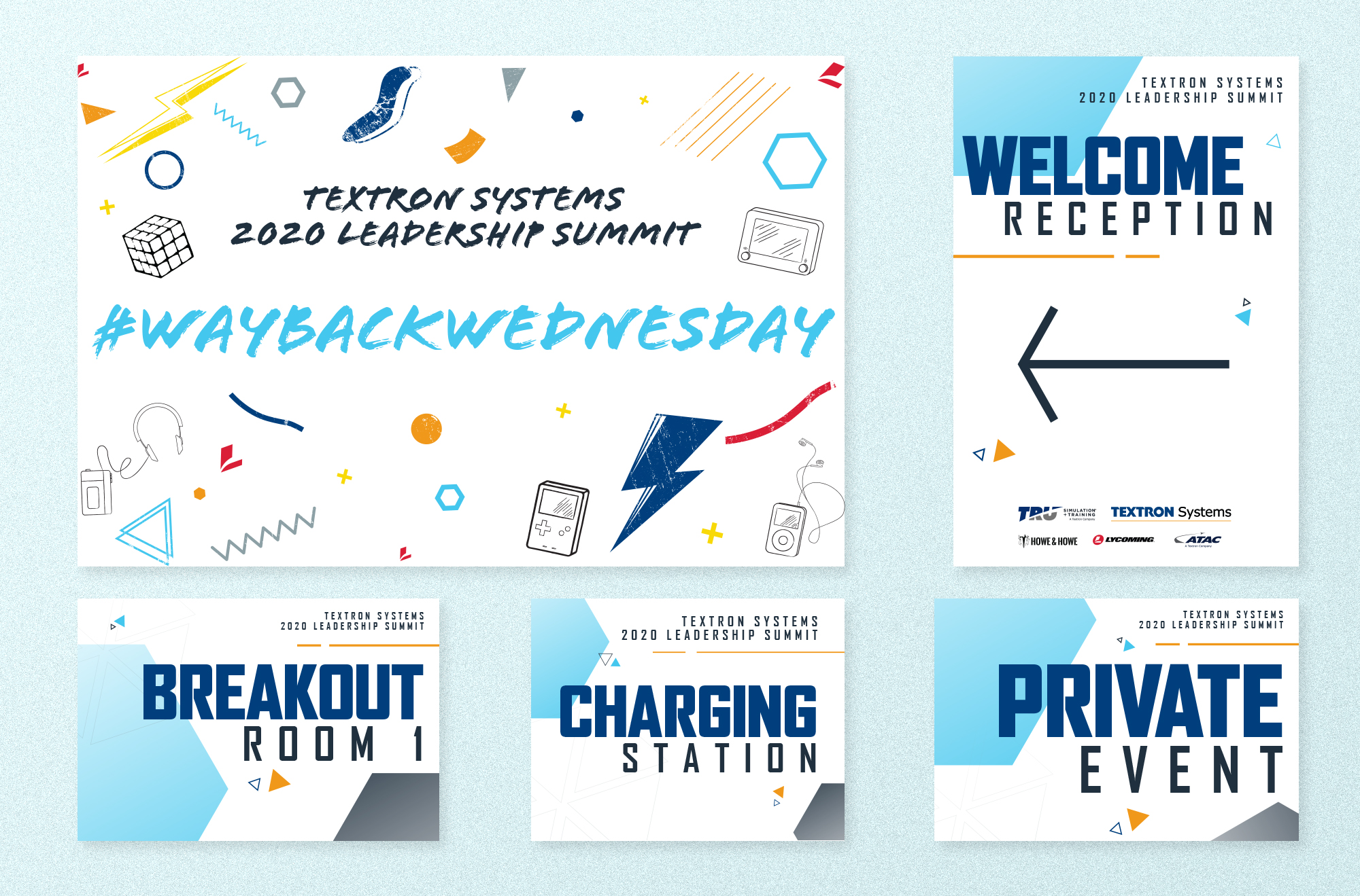 Signage from a company event arranged on a light blue background.