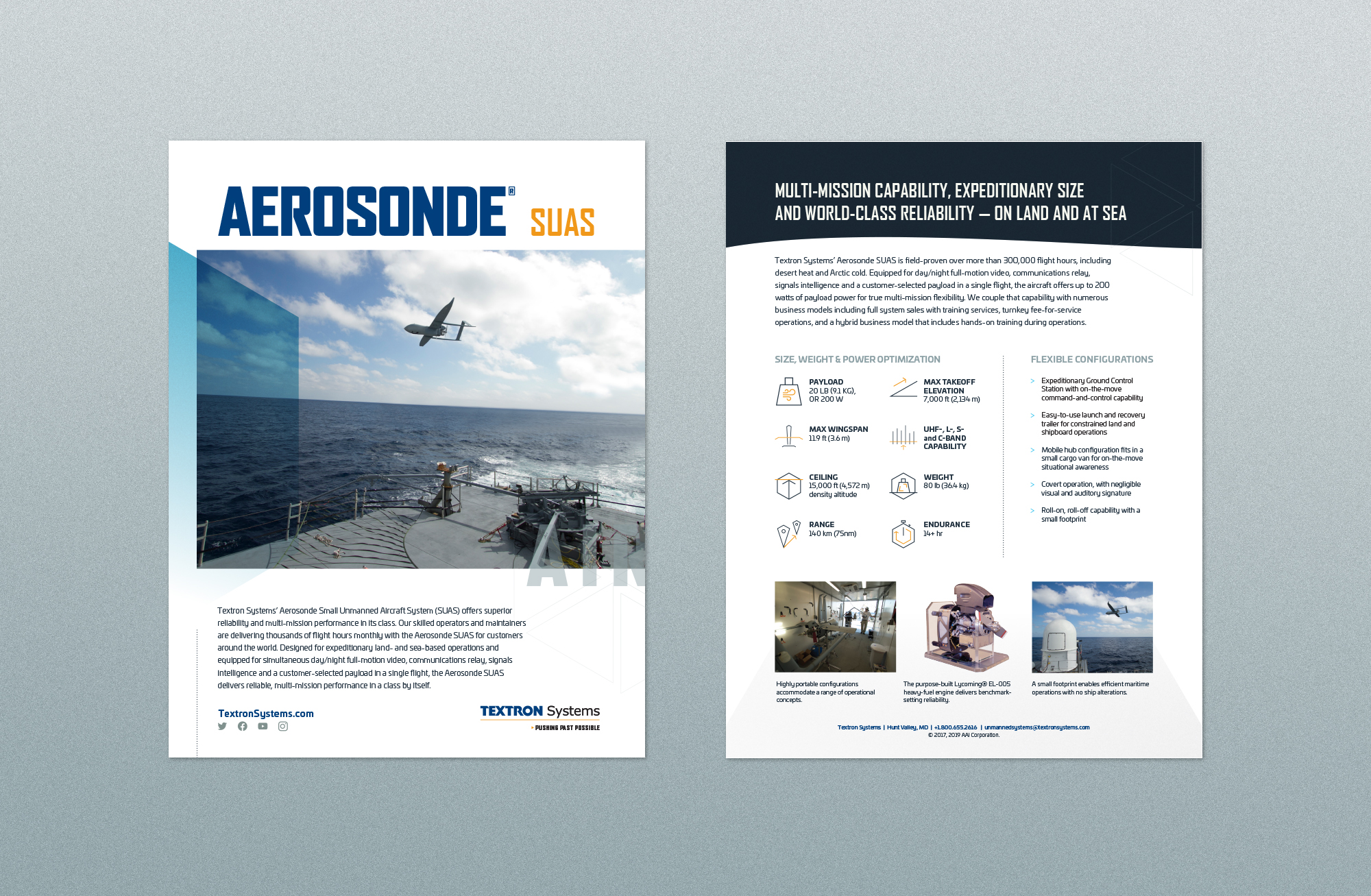 Front and back layout of a brochure about a small unmanned aircraft.