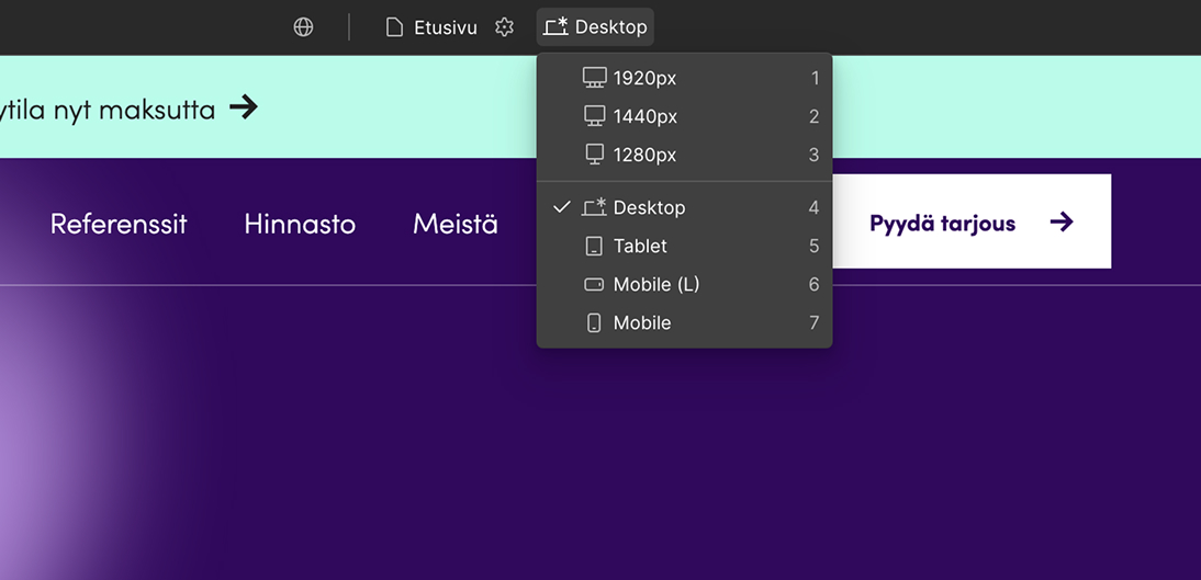 Kuvakaappaus Webflow’n Desktopista,josta pystyy tarkistamaan sisällön luettavuuden sekä pysty- että vaakasuuntaisessa näkymässä.