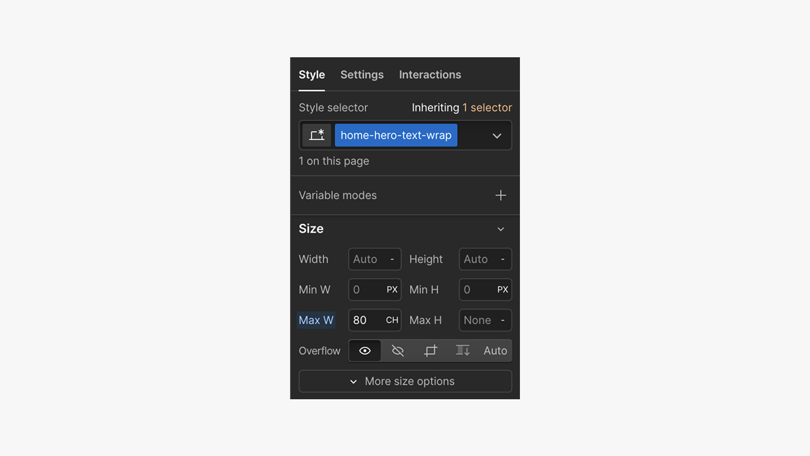 Kuvakaappaus Webflow’n Style Selectorista, jossa merkkimäärä per rivi on asetettu arvoon 80.
