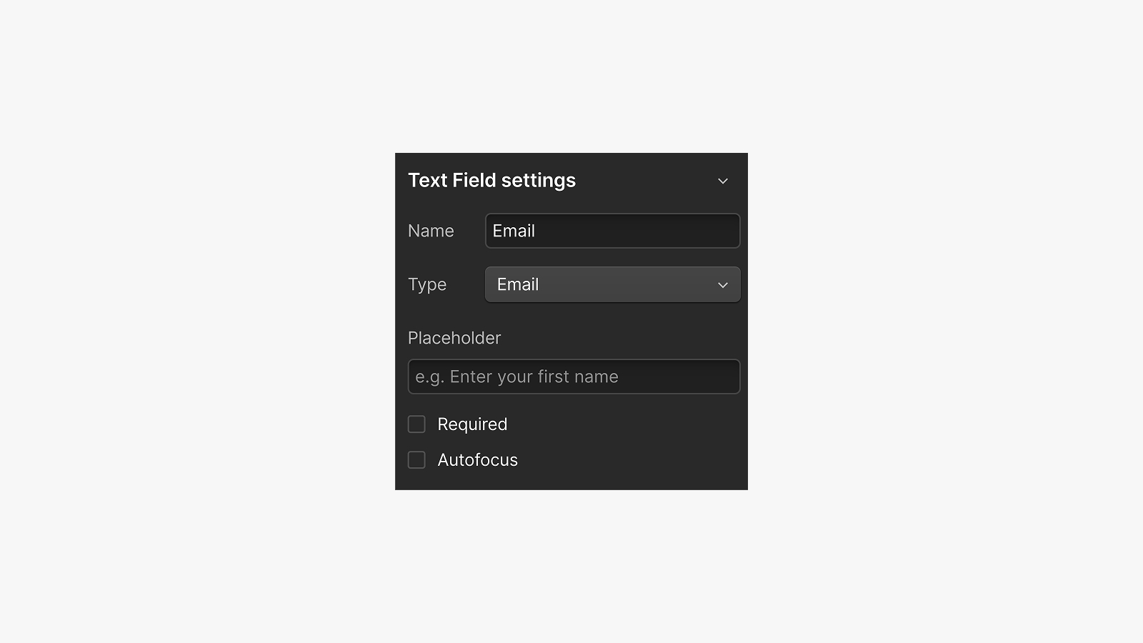 Kuvakaappaus Webflown Element Settings -paneelista, jossa “Autofocus”-valintaruutu ei ole valittuna.