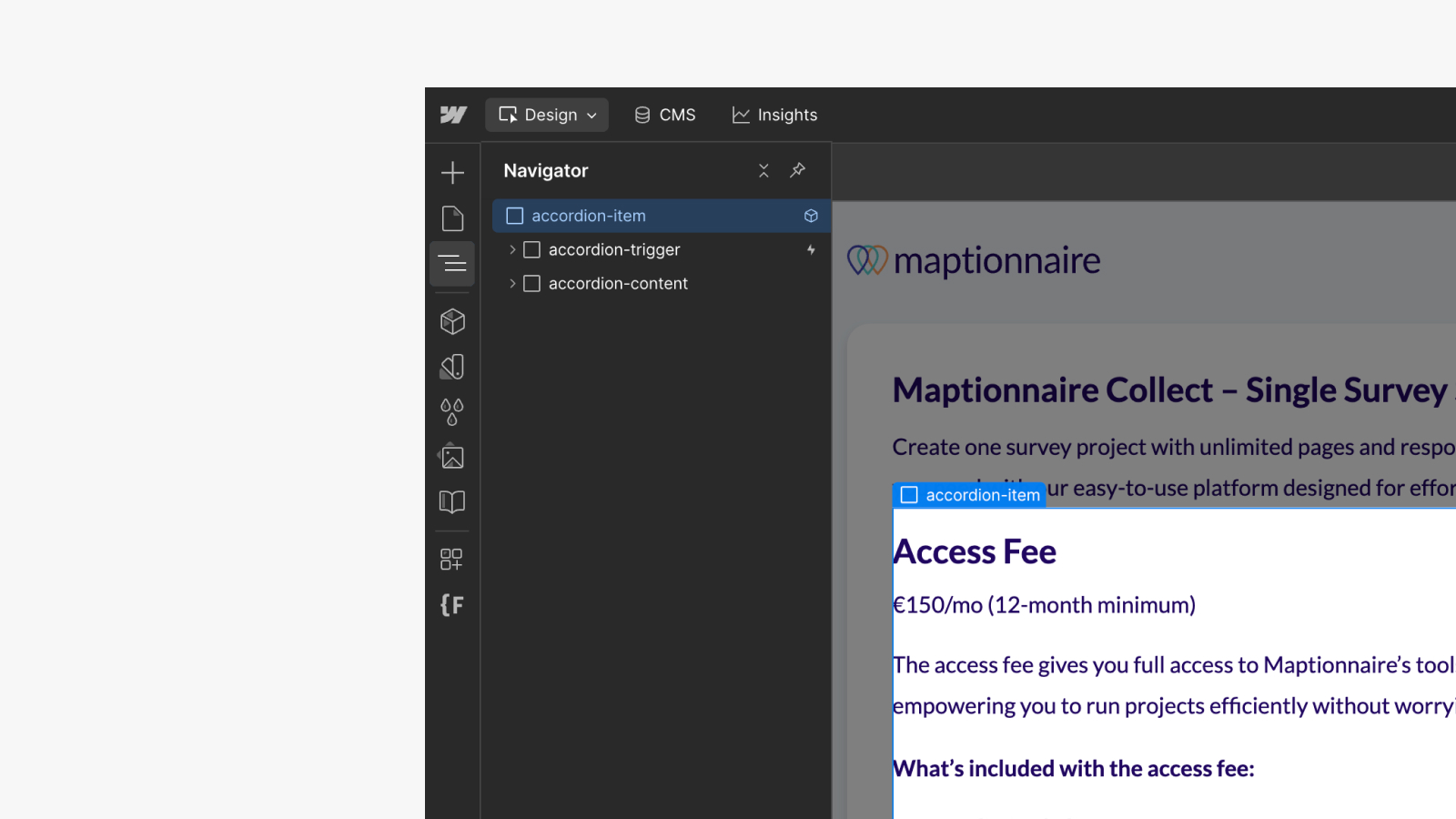 Webflow-editorin näkymä, jossa accordionin otsikko ja avattava sisältöosa.