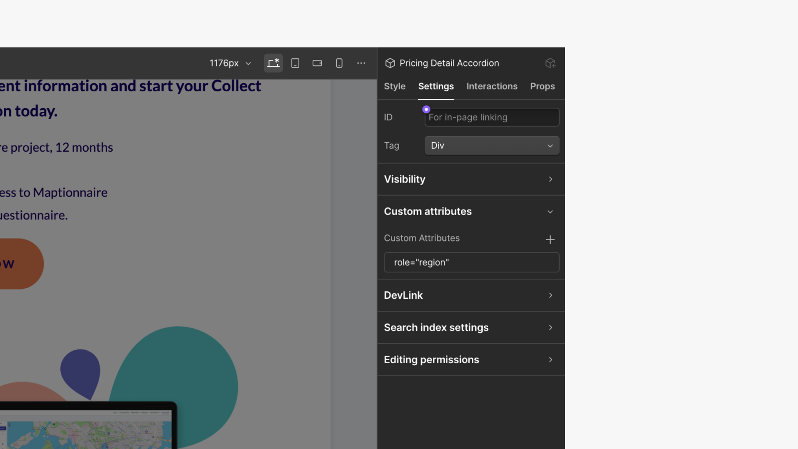 Webflown asetukset, joissa accordionin rooliksi on asetettu “region”.