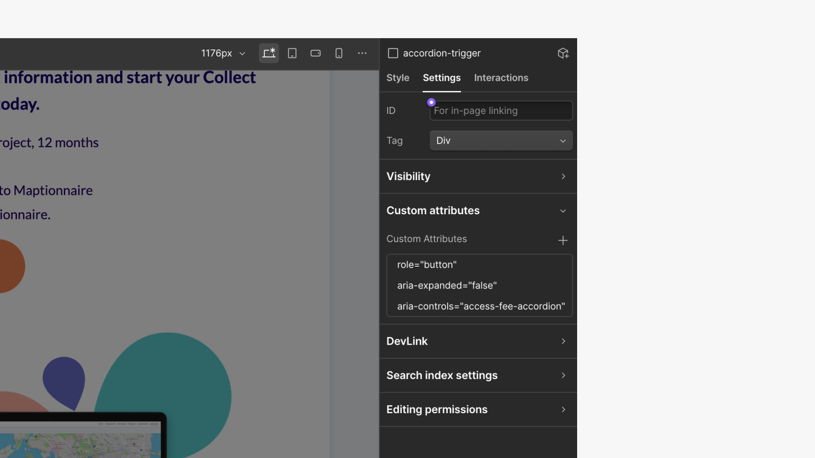Webflown asetukset, joissa accordion-trigger toimii painikkeena ja sillä on ARIA-attribuutit.