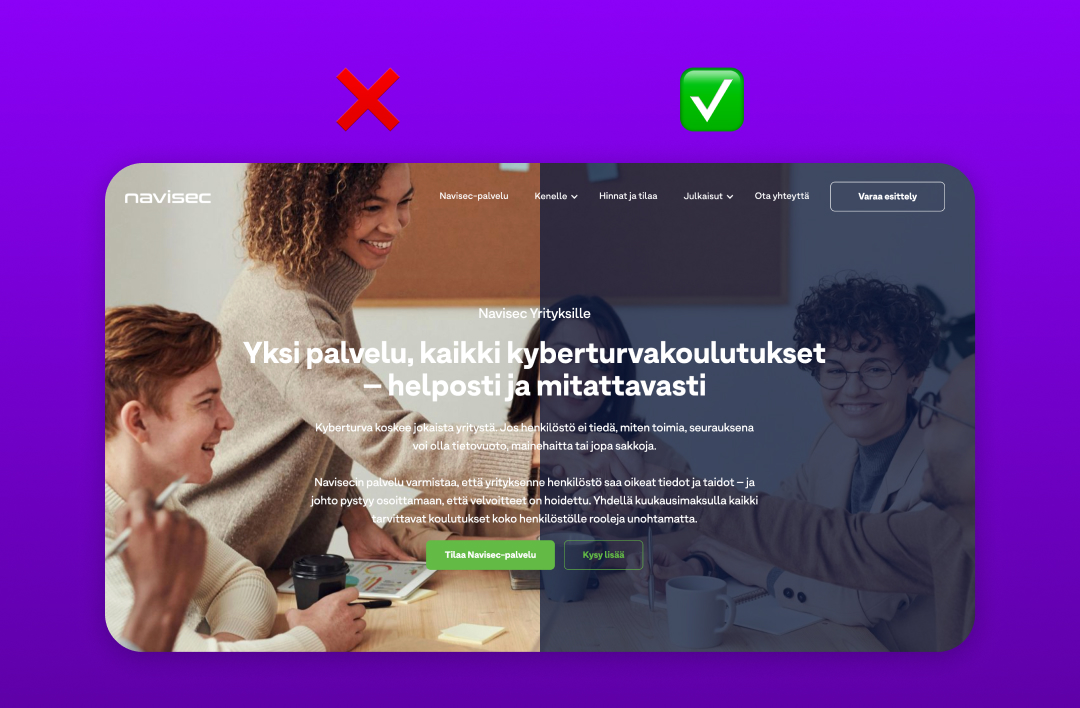 Kaksi esimerkkiä tekstistä valokuvan päällä, joista toisessa kontrasti on riittämätön ja toisessa varjo parantaa tekstin erottuvuutta