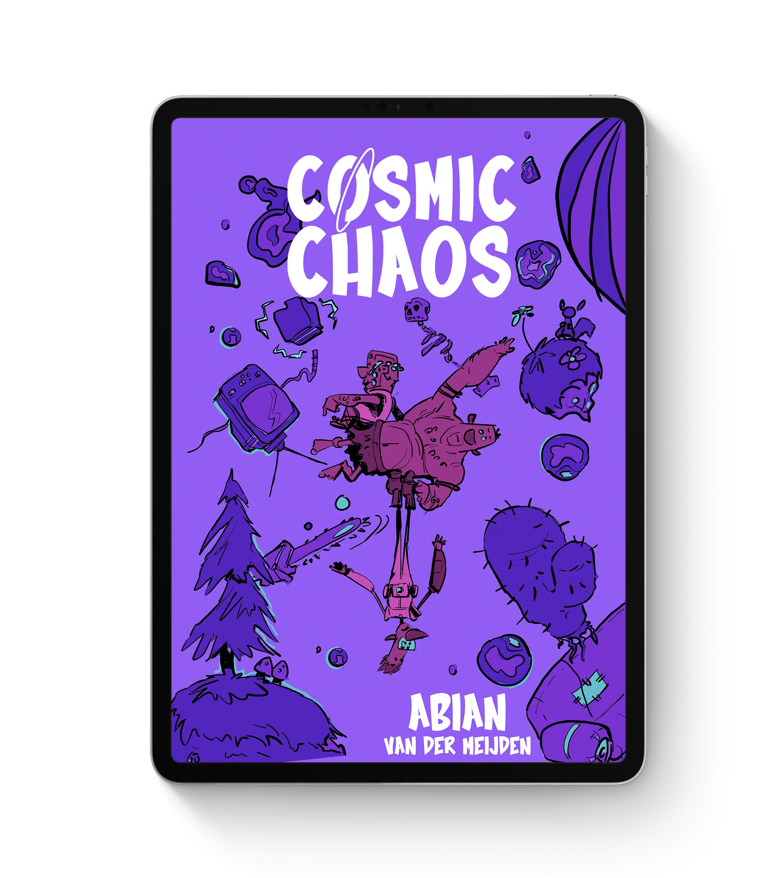 Ipad boasting Cosmic Chaos' cover design.