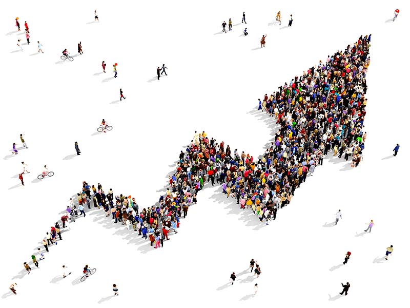 A crowd of people are walking up a graph that is going up. - UserVoice Images