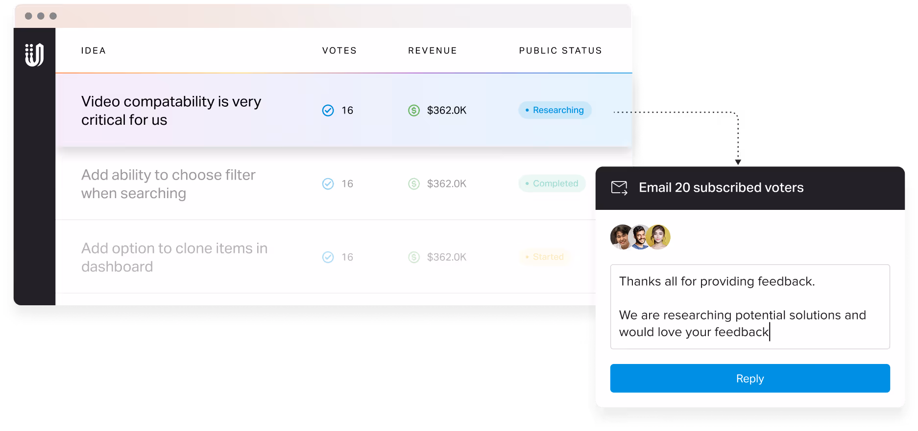 A screen with a blue background and a black box that says "thank you". - UserVoice Images