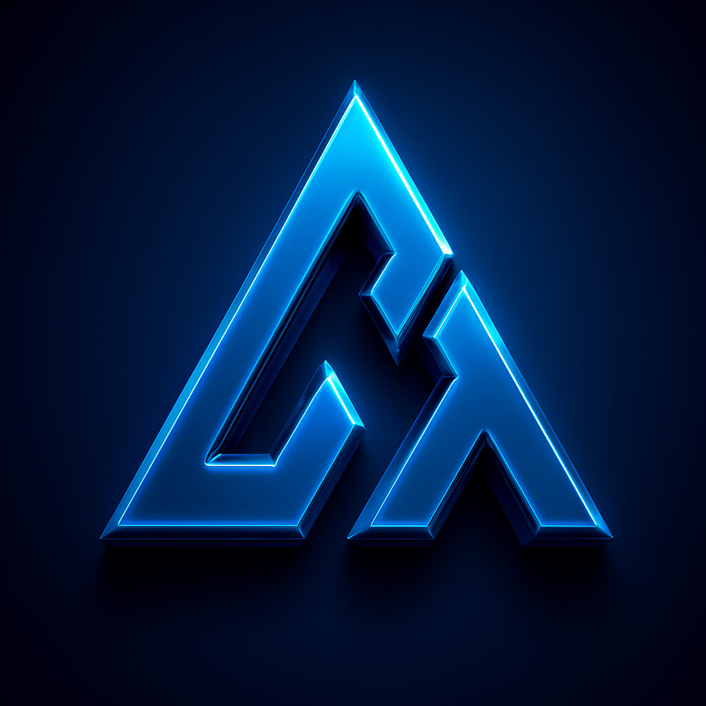 Glowing blue 3D triangular geometric logo on a dark background.