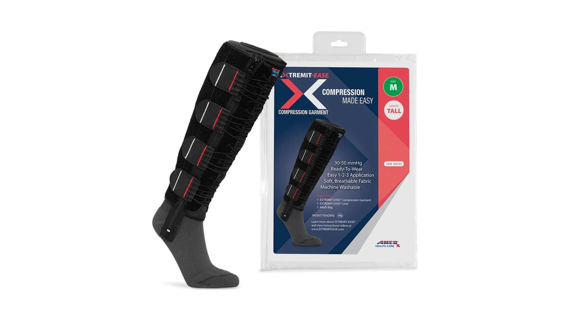 Black EXTREMIT-EASE compression garment on a mannequin leg with packaging showing product features and size M tall.
