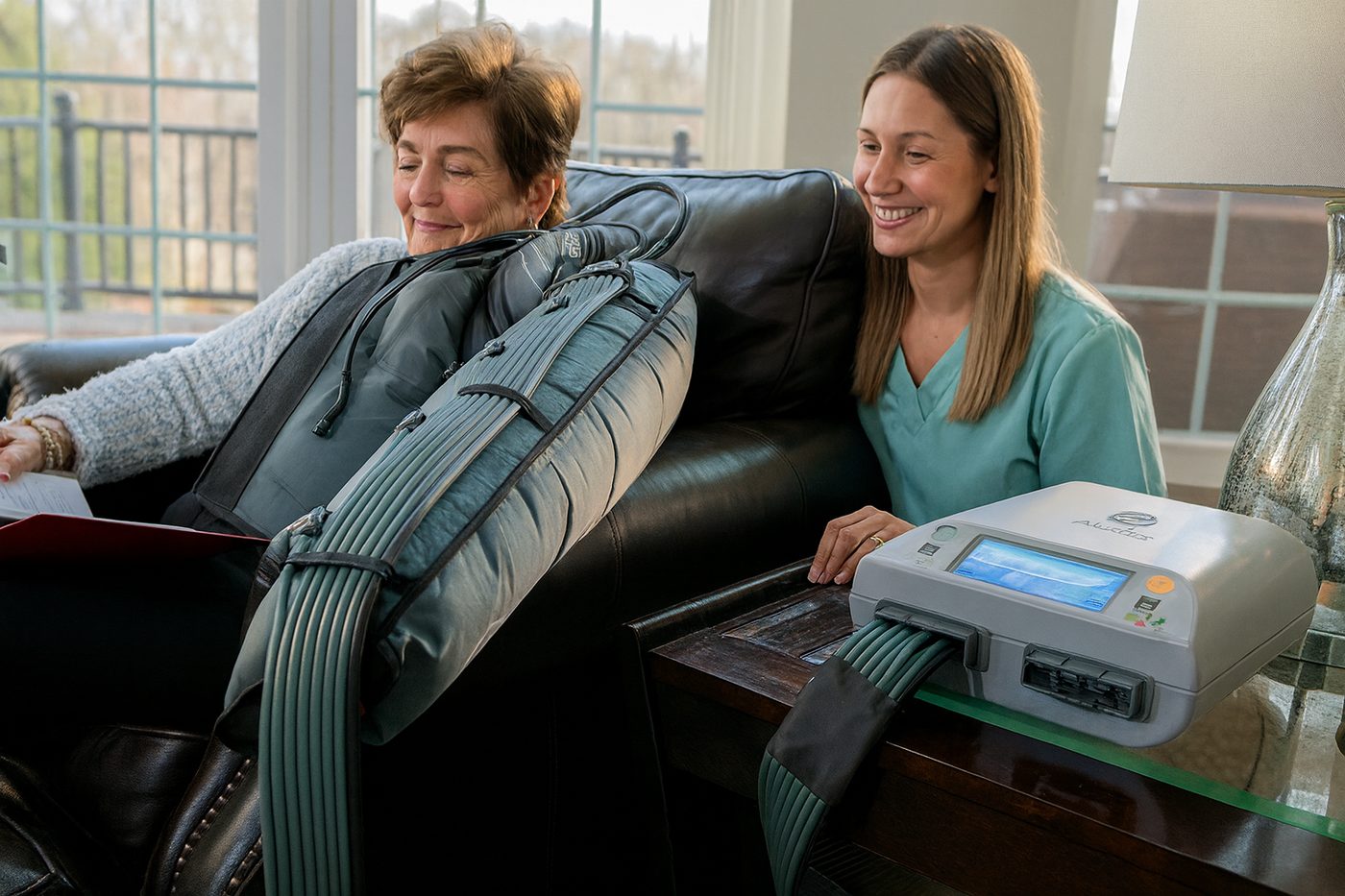 Smiling nurse assists a woman using a compression therapy device on her arm while sitting on a black leather chair.