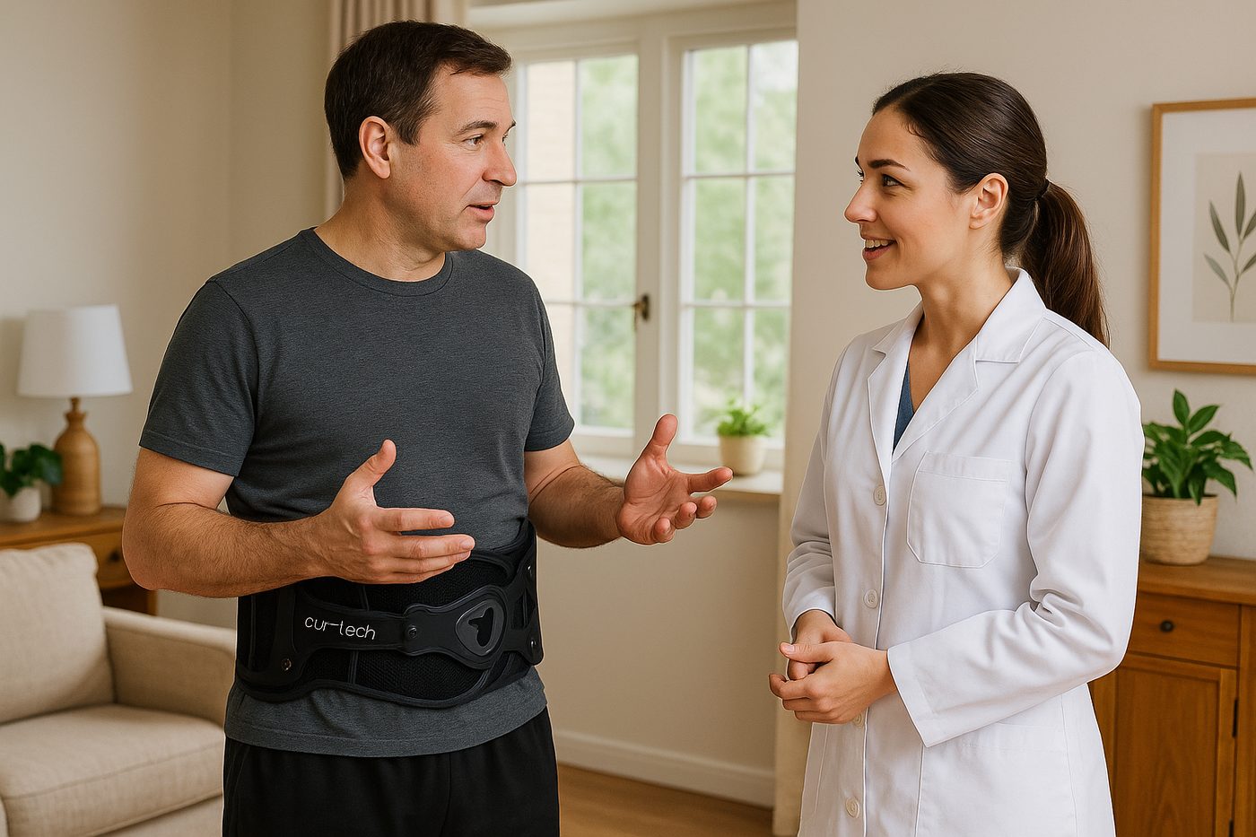 Man wearing a back brace talking to a female healthcare professional in a white coat indoors.