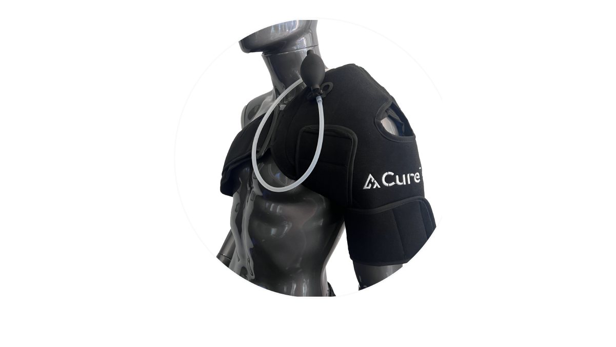 Black shoulder brace with inflatable pump worn on a glossy black torso mannequin.