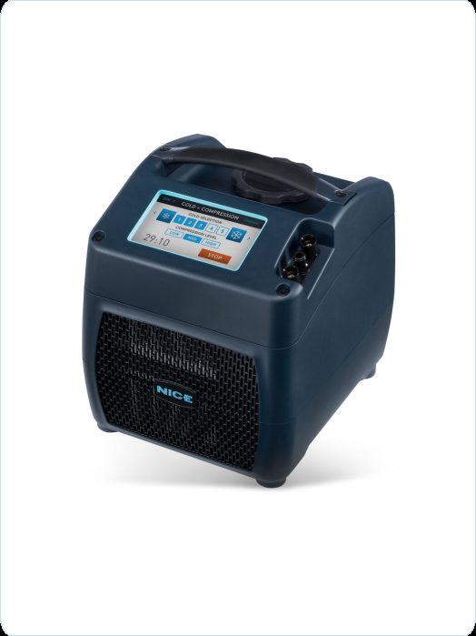 Compact blue cold compression therapy machine with a handle and digital control panel.