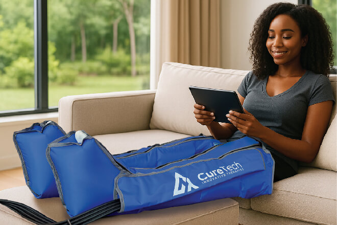 Woman sitting on a beige sofa using a tablet while wearing blue CureTech leg compression sleeves for therapy.