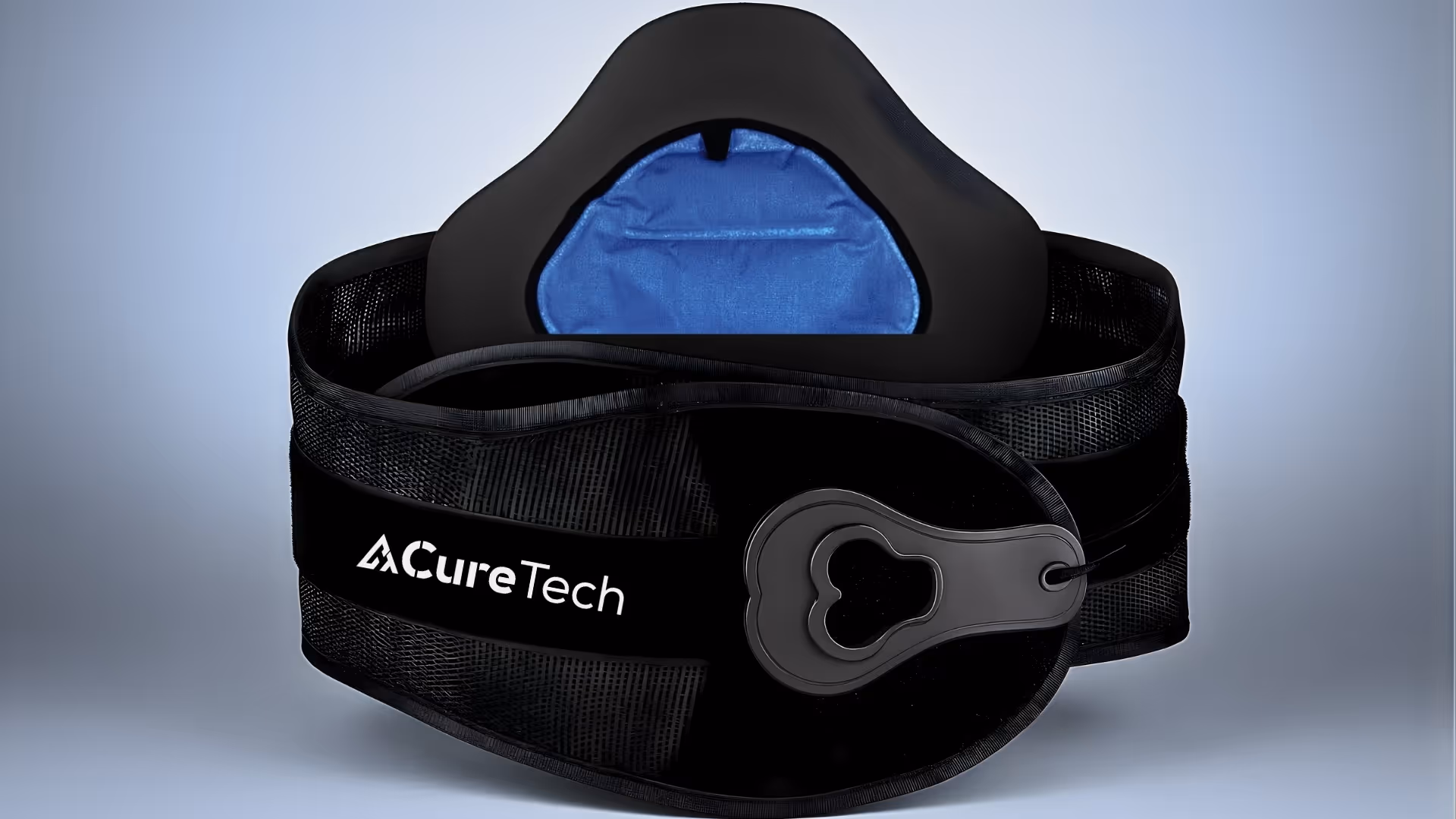 Black and blue wearable medical device with CureTech logo and adjustable strap.