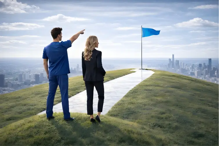 Two professionals standing on grassy hilltop looking at a flag on a pole at the end of a white path with a city skyline in the background.