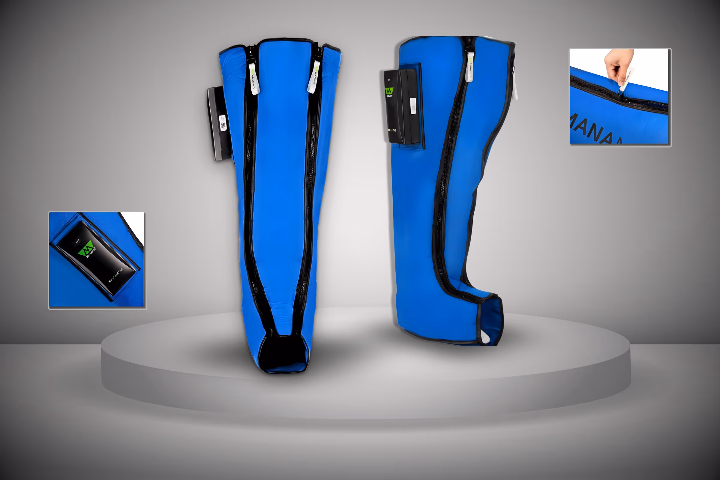 Pair of blue compression leg sleeves with black zippers and attached control units, displayed on a gray circular platform with close-up insets showing device detail and zipper pull being handled.
