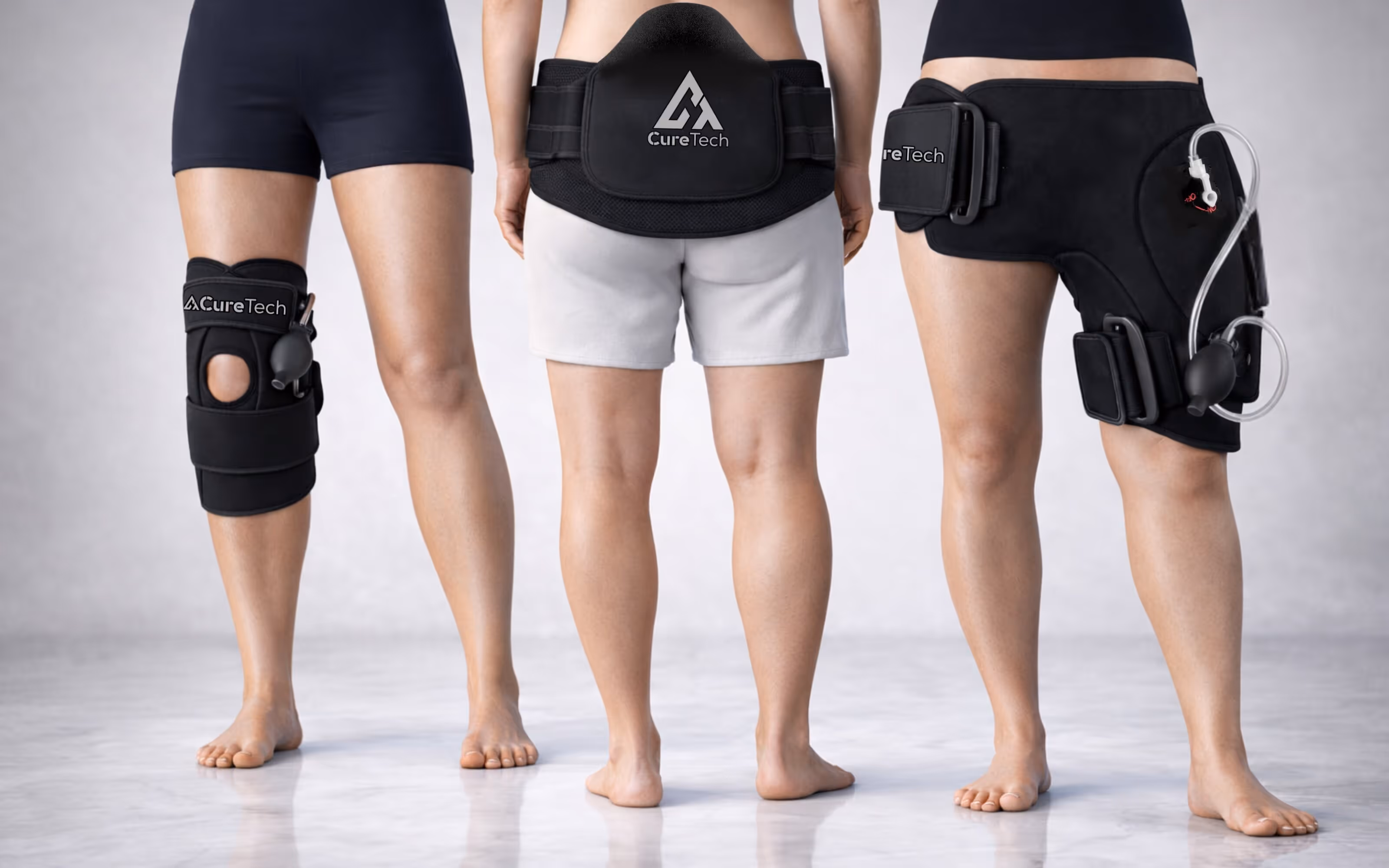 Three people from the back wearing different black CureTech braces on the knee, lower back, and thigh.