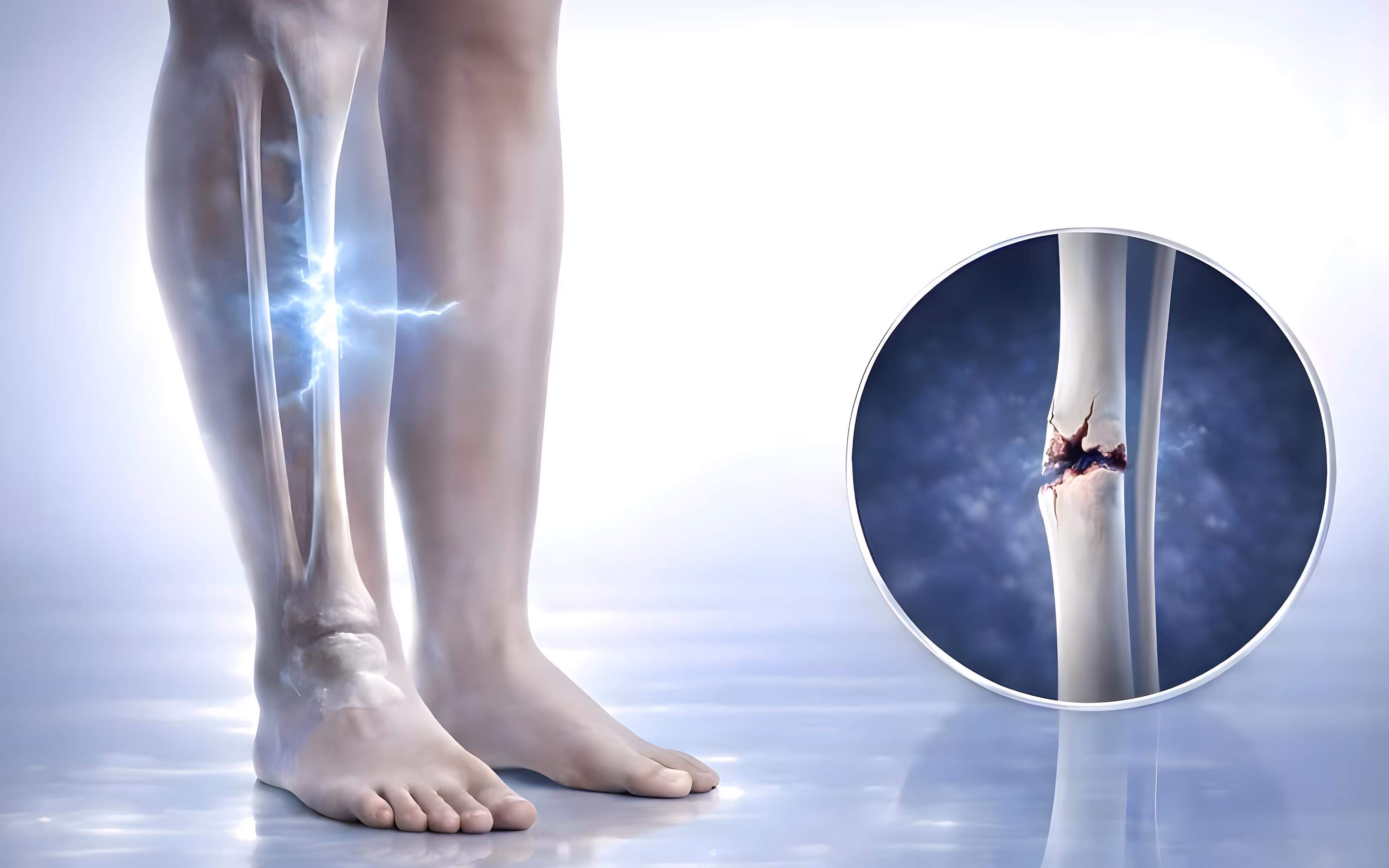 Illustration of lower legs with a highlighted broken bone and a close-up circular inset showing a fractured bone with visible cracks and damage.