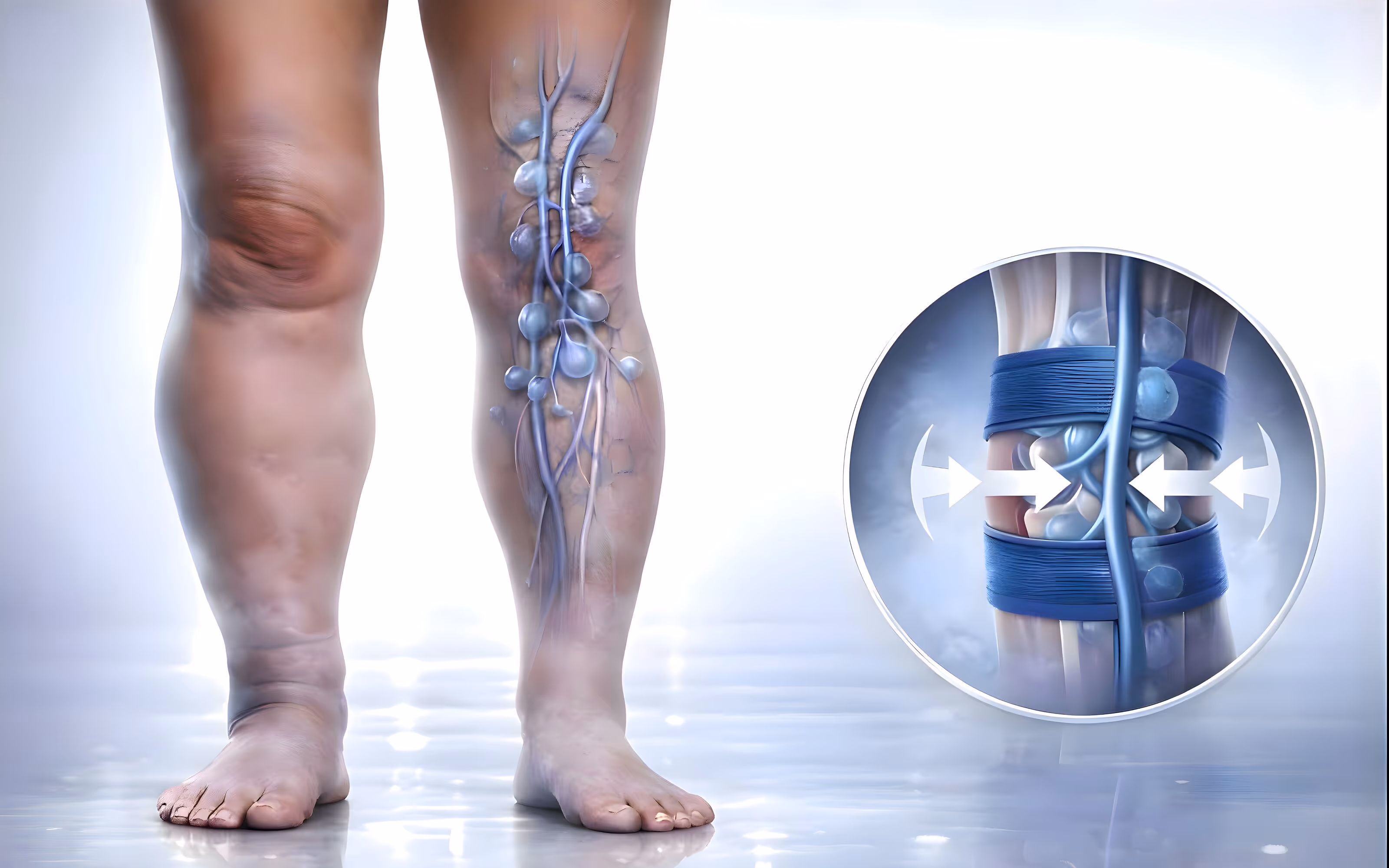 Comparison of two lower legs showing one normal and one swollen with lymphatic vessels and nodes highlighted, with an inset illustrating compression therapy squeezing the limb.