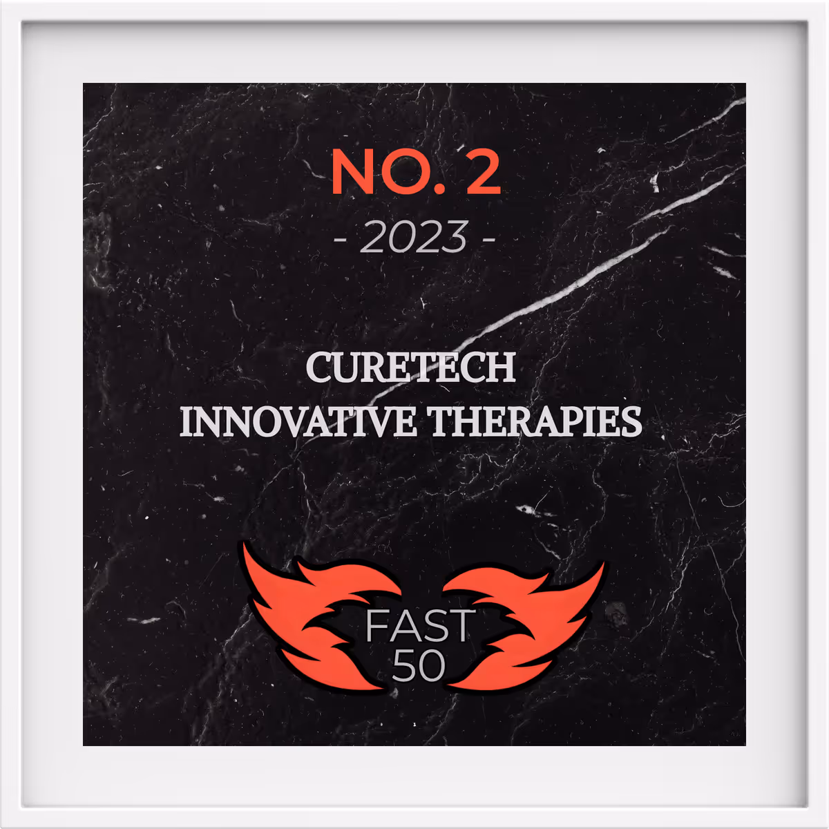 Award plaque with black marble background showing No. 2 in 2023 awarded to Curetech Innovative Therapies in the Fast 50.