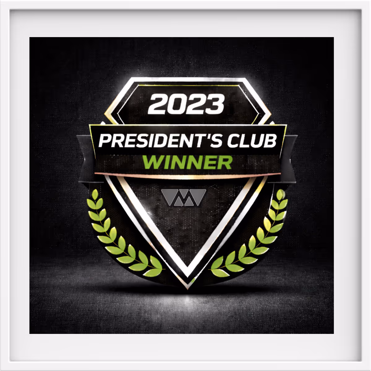 2023 President's Club Winner badge with green laurel leaves on a dark textured background.