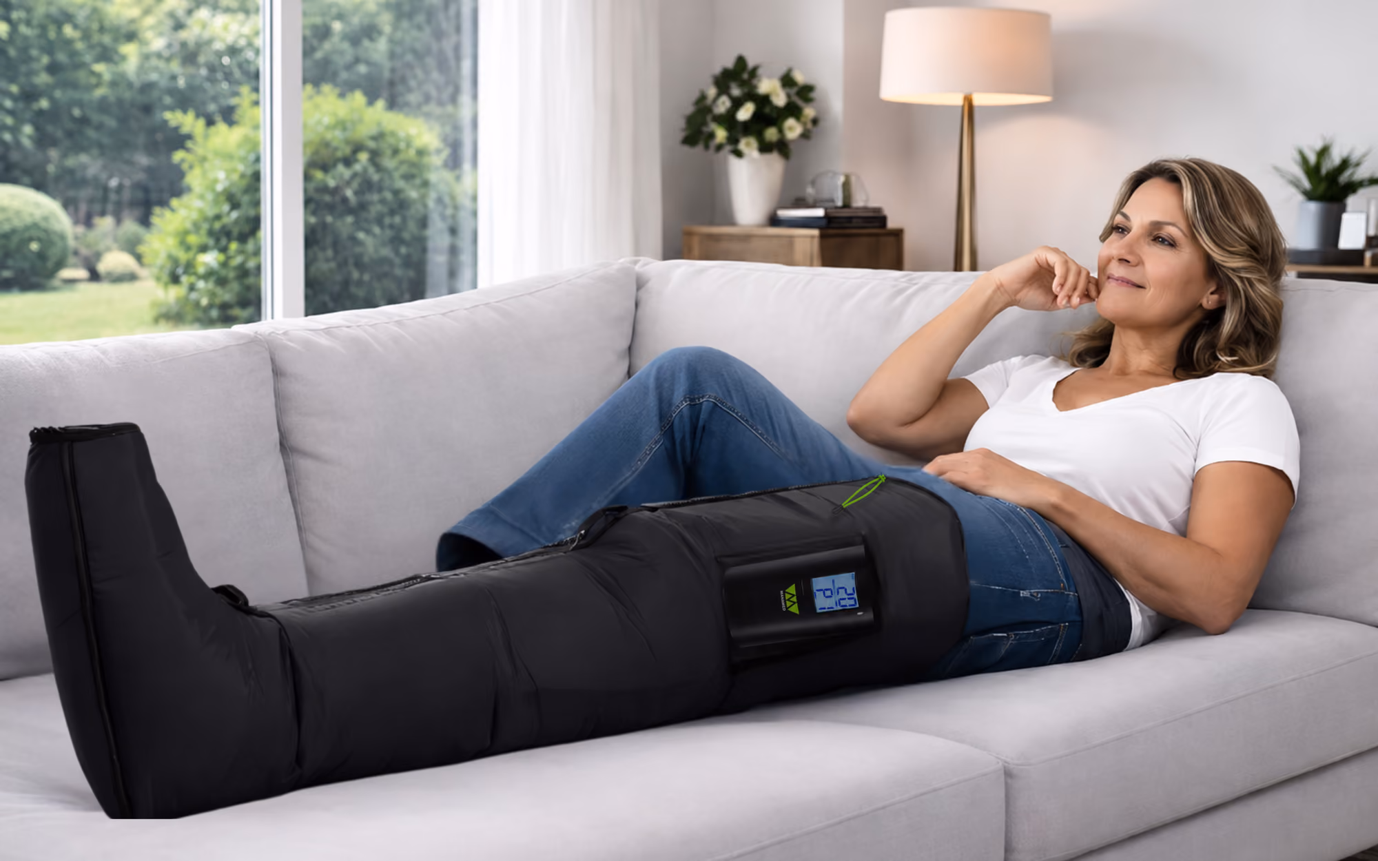 Woman reclining on a couch with a black leg compression device on her right leg.