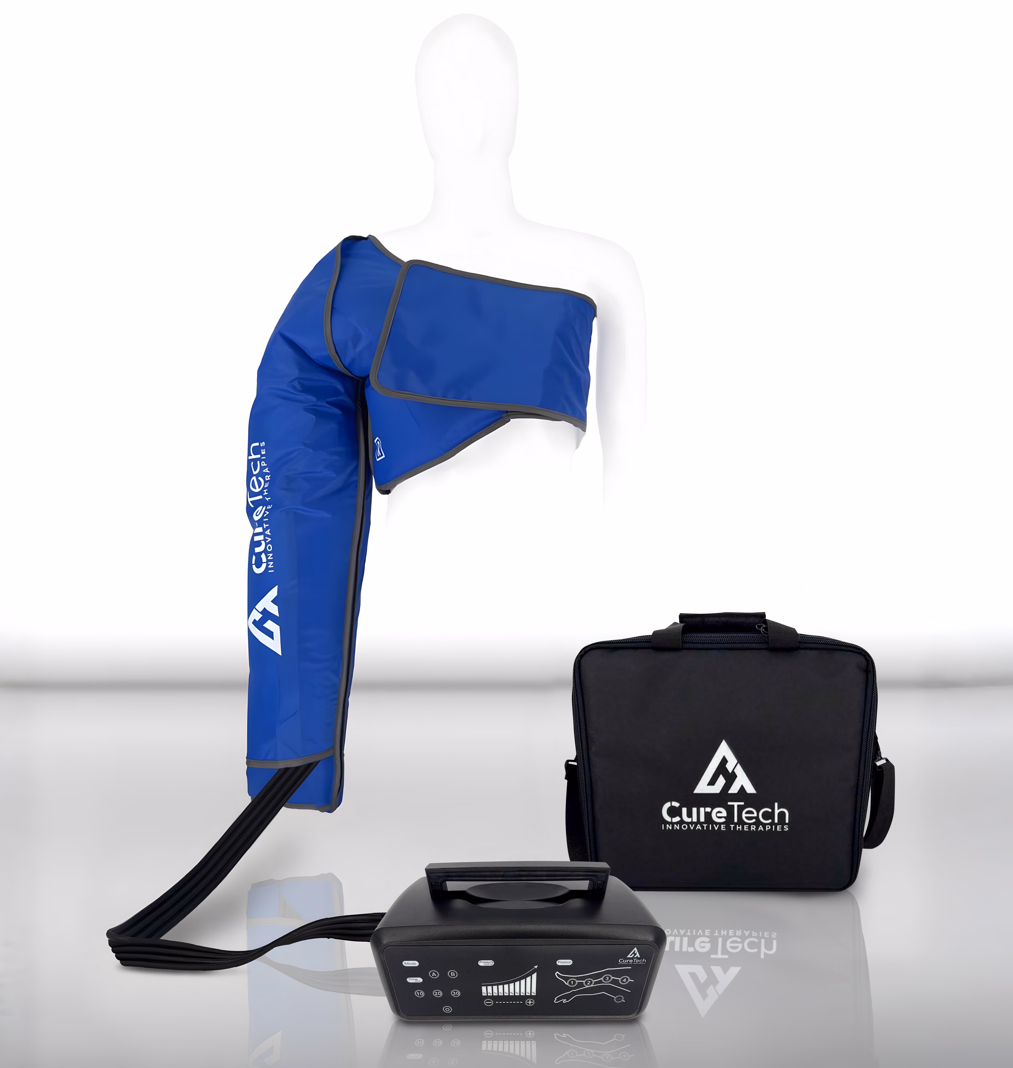 Blue CureTech arm compression device on mannequin arm next to black CureTech carrying case and control unit.